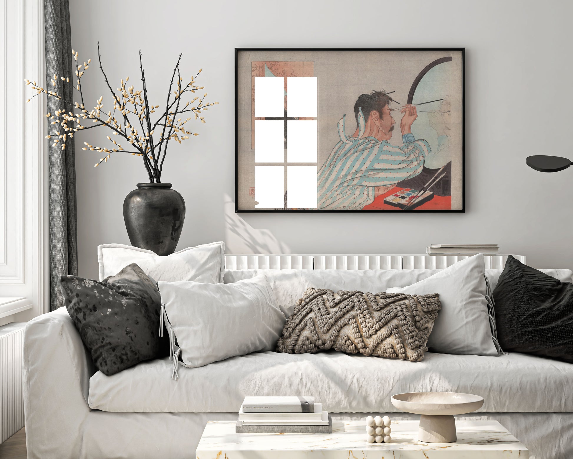 A professionally framed Tomioka Eisen Ukiyo-e print hanging on a wall, perfect for adding a touch of Japanese art and queer art history to your home decor.