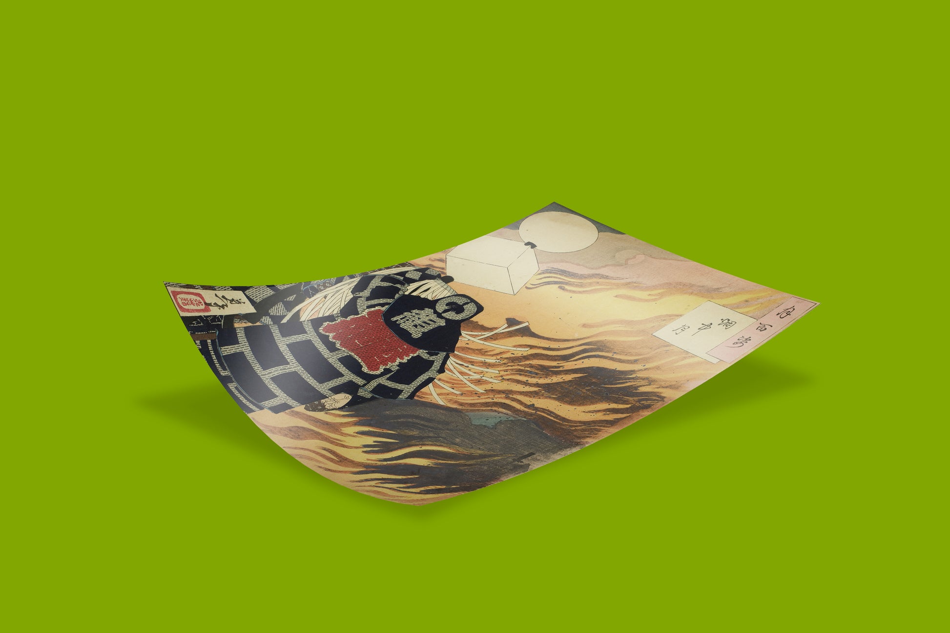 Japanese wall art print depicting traditional fire brigade matoi-mochi in indigo coat from One Hundred Aspects of the Moon series by Yoshitoshi 1886