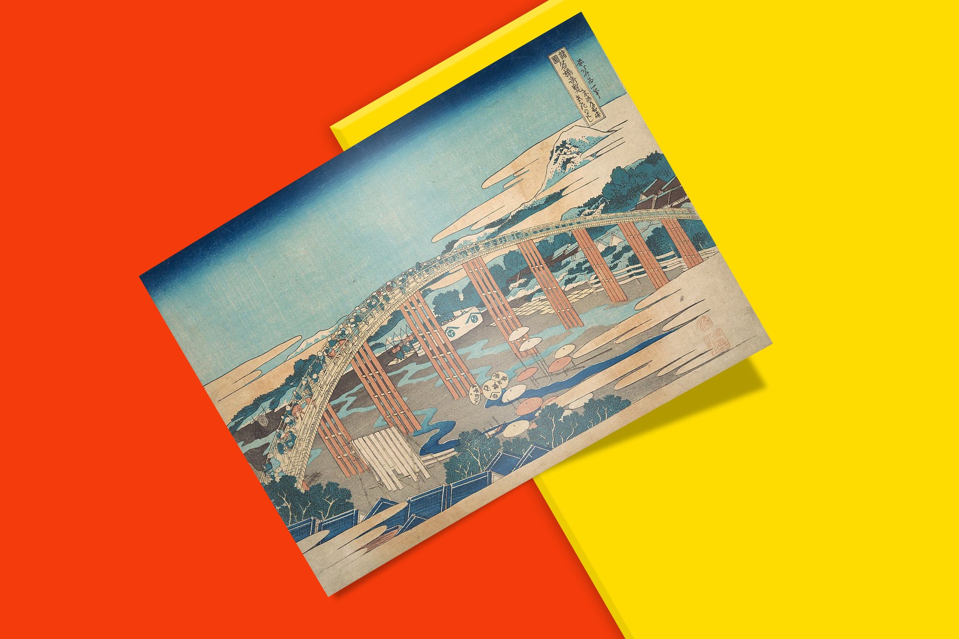 Vintage Japanese ukiyo-e print by Hokusai featuring famous bridge scene, high-quality fine art poster reproduction for collectors and interior design