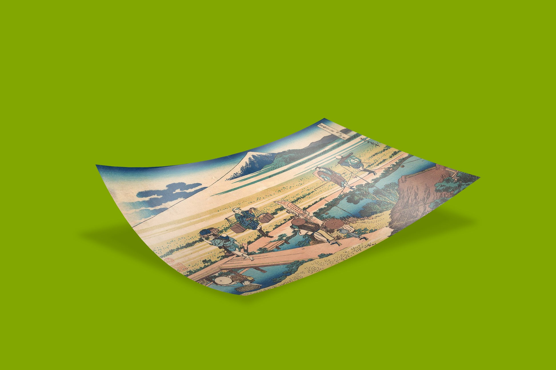 Classic Asian art print from Hokusai's Thirty-six Views of Mount Fuji series, featuring Edo period rural scene with wooden bridge and distant mountain, premium wall decor