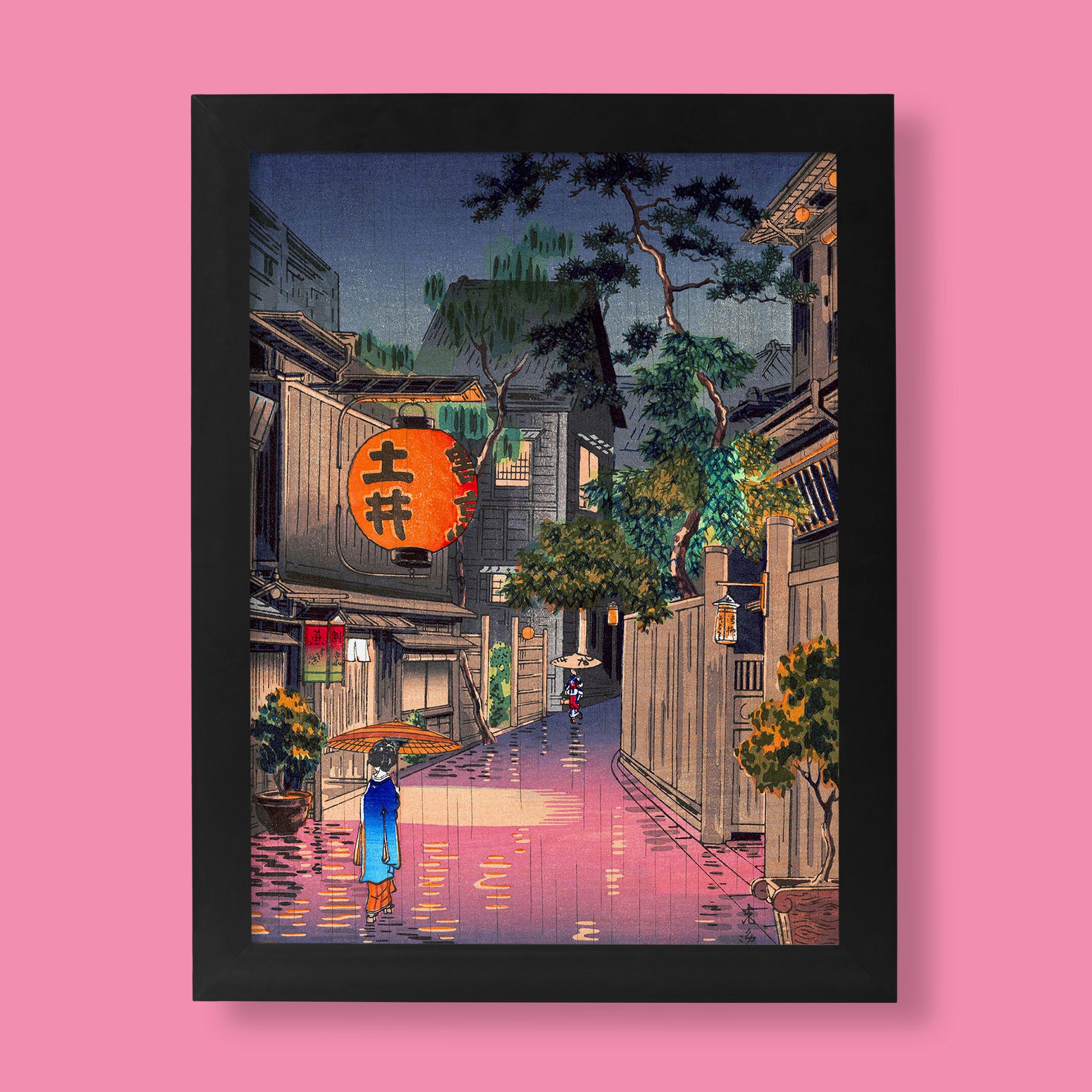 A beautiful Japanese woodblock art print by Tsuchiya Koitsu titled "Evening at Ushigome," depicting a person with an umbrella on a rainy Tokyo street, ideal as a fine art print.