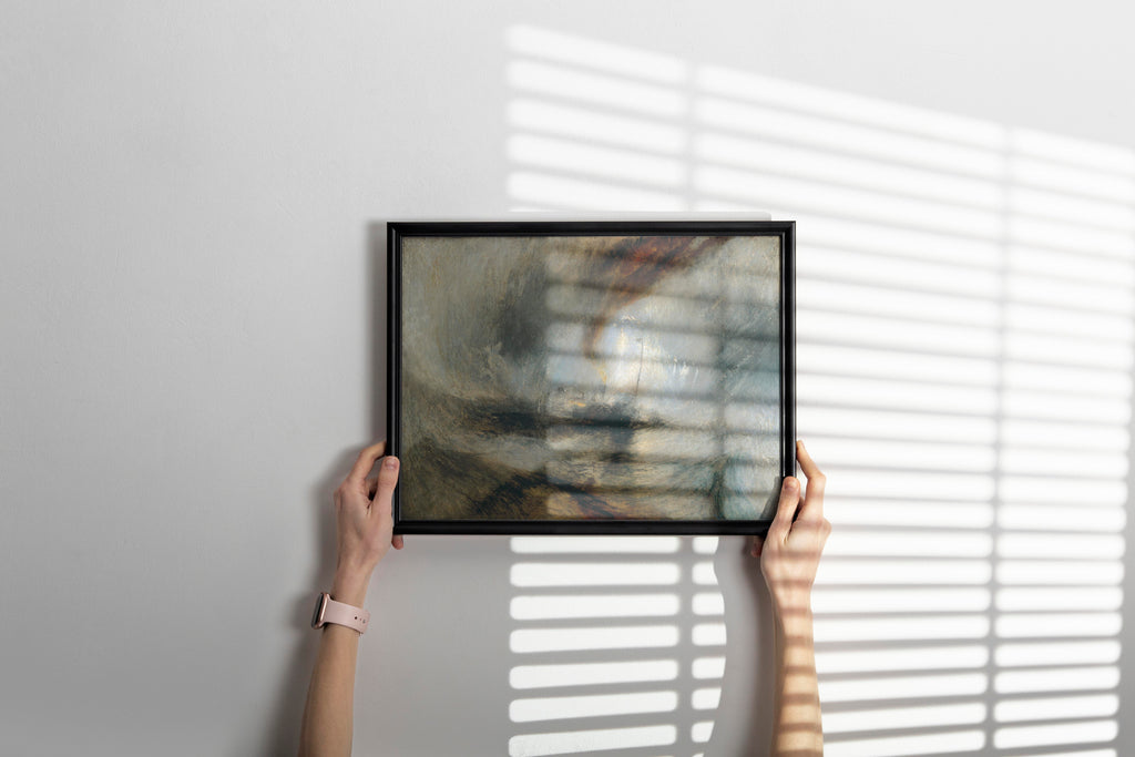 Turner Snow Storm maritime painting framed fine art print, romantic era seascape wall decor featuring dramatic steamboat in tempestuous harbour