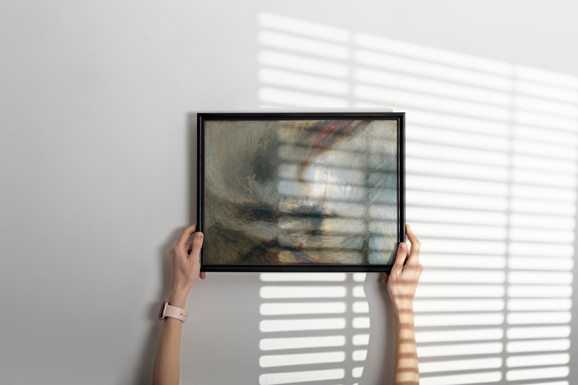 Turner Snow Storm maritime painting framed fine art print, romantic era seascape wall decor featuring dramatic steamboat in tempestuous harbour