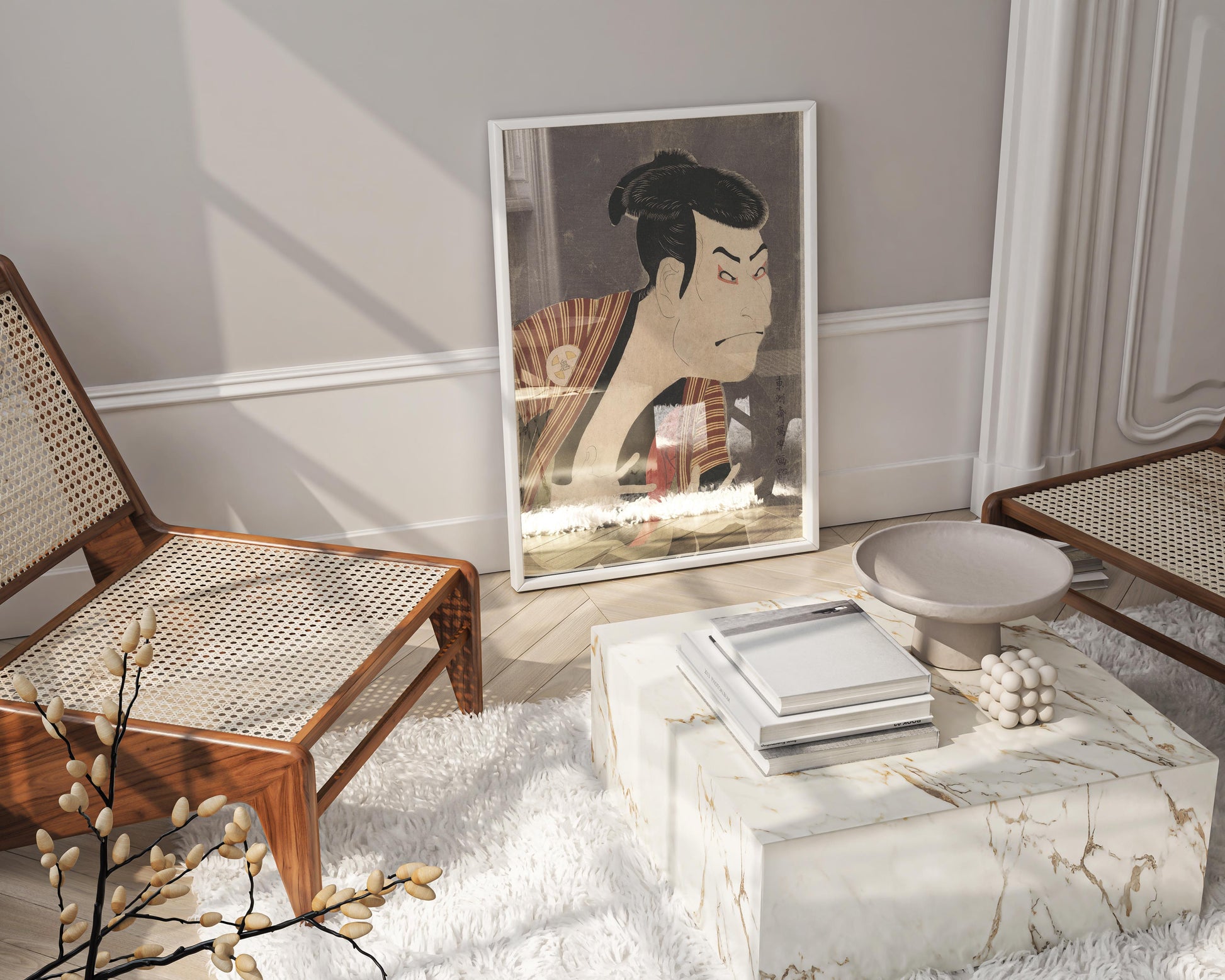 A beautiful framed art print of an 18th-century Japanese woodblock print by Tōshūsai Sharaku featuring the Kabuki actor Ōtani Oniji III. The piece is showcased as stunning wall decor, highlighting its rich details and vibrant colours.