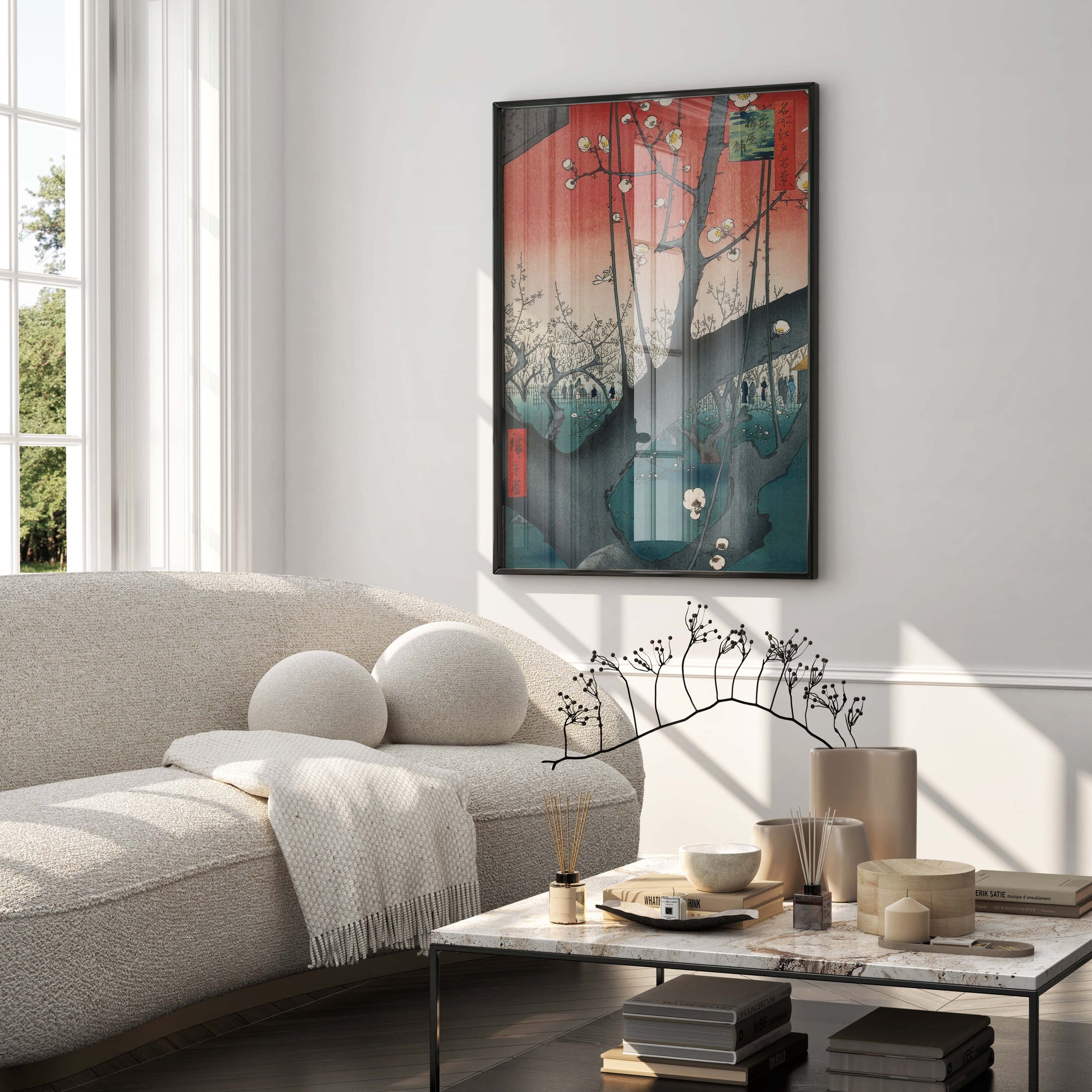A stylishly framed Ukiyo-e print by Hiroshige, the same artwork that inspired Van Gogh, adding a touch of Japanese vintage art to any home or office decor.