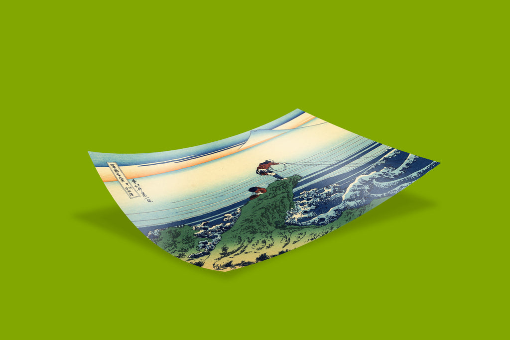 Hokusai's famous Kajikazawa fisherman scene with Prussian blue waves and Mount Fuji, museum-quality fine art print for collectors