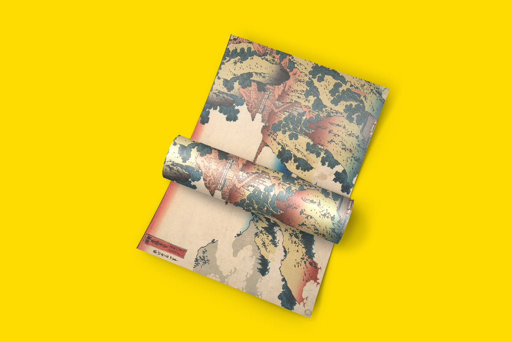 Traditional Japanese woodblock print reproduction of Hokusai's famous bridge series, featuring Mount Gyodo landscape art print ideal for contemporary wall art collections