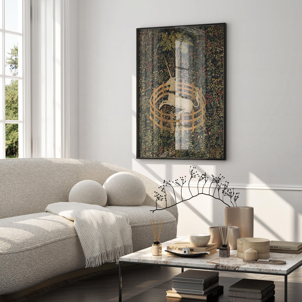 Unicorn tapestry art print styled as elegant wall art for home decor and interiors