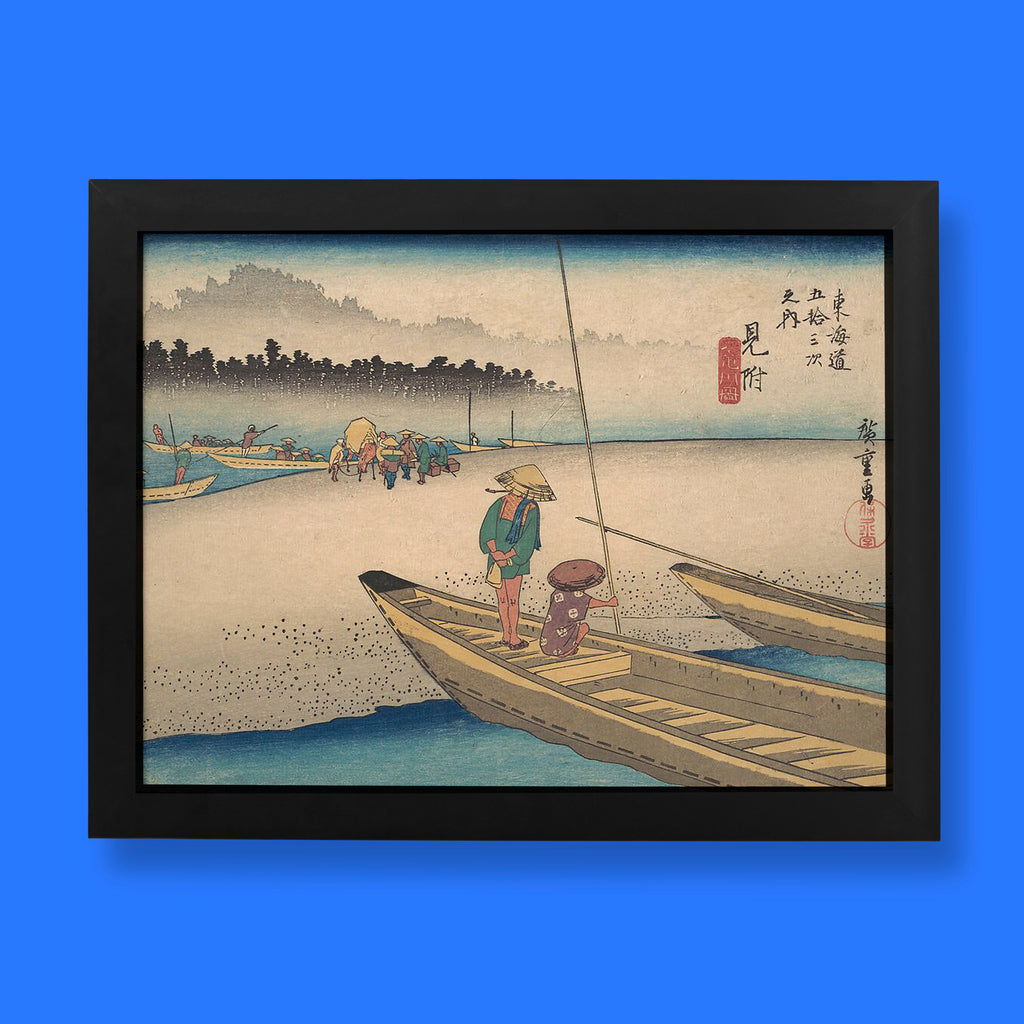 Utagawa Hiroshige Mitsuke Tenryugawa Japanese art print showing ferry boats crossing river, vintage ukiyo-e wall art reproduction for home decor