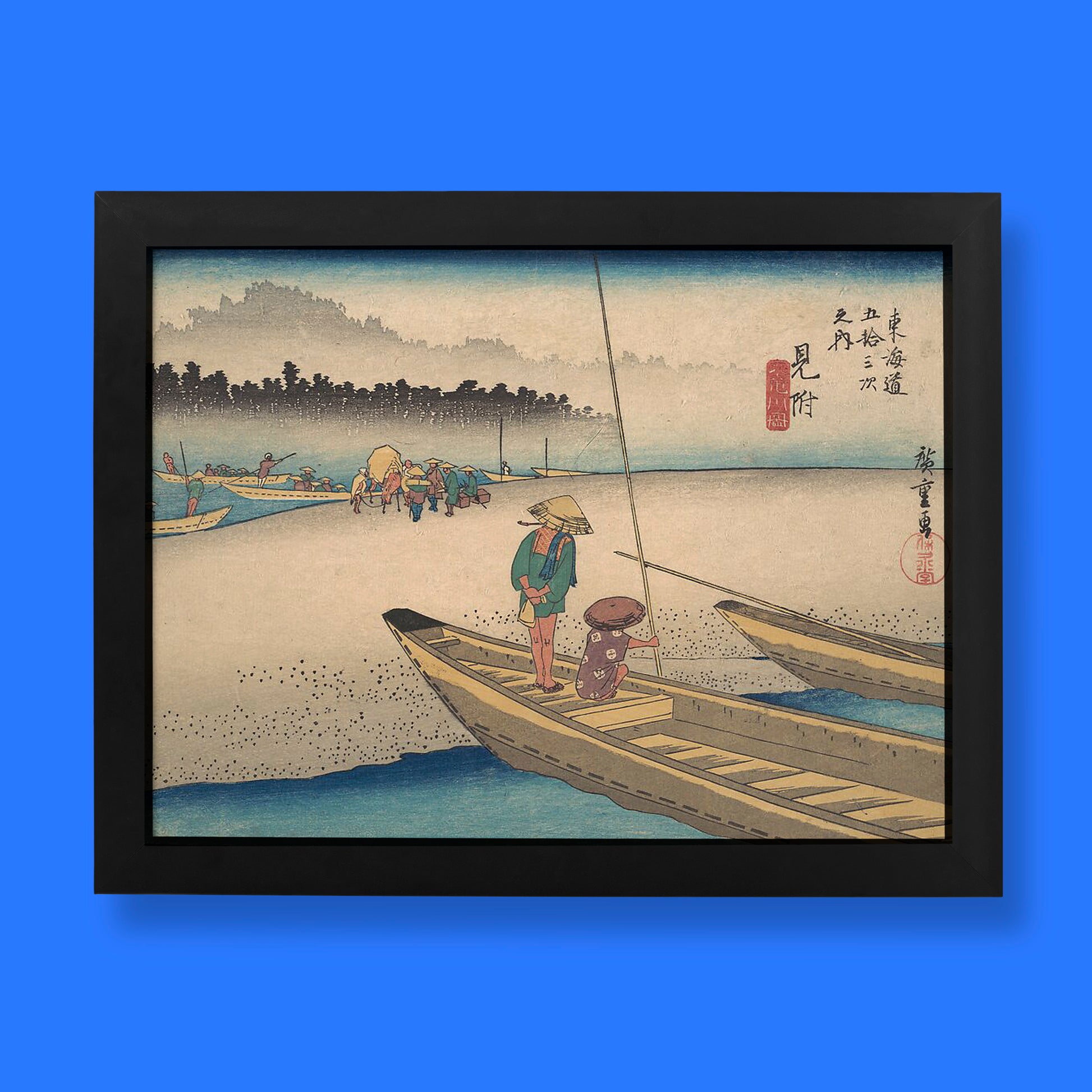 Utagawa Hiroshige Mitsuke Tenryugawa Japanese art print showing ferry boats crossing river, vintage ukiyo-e wall art reproduction for home decor