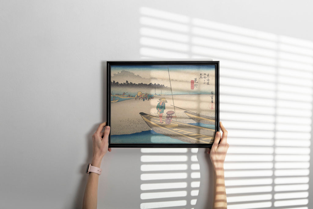 Beautifully framed Utagawa Hiroshige fine art reproduction hanging on wall, featuring traditional Japanese landscape with Tenryu River ferry crossing, perfect wall decor for contemporary homes