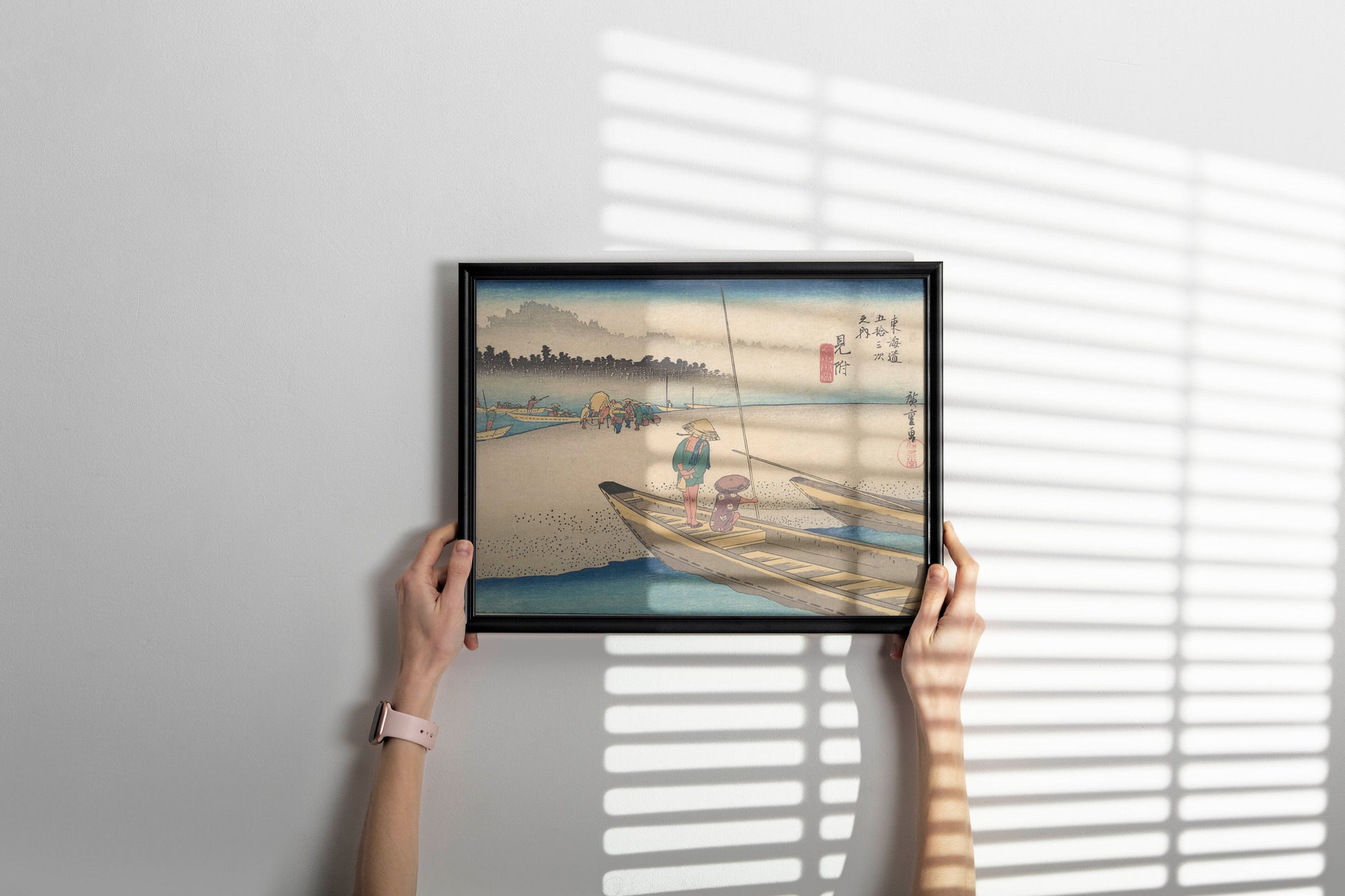 Beautifully framed Utagawa Hiroshige fine art reproduction hanging on wall, featuring traditional Japanese landscape with Tenryu River ferry crossing, perfect wall decor for contemporary homes