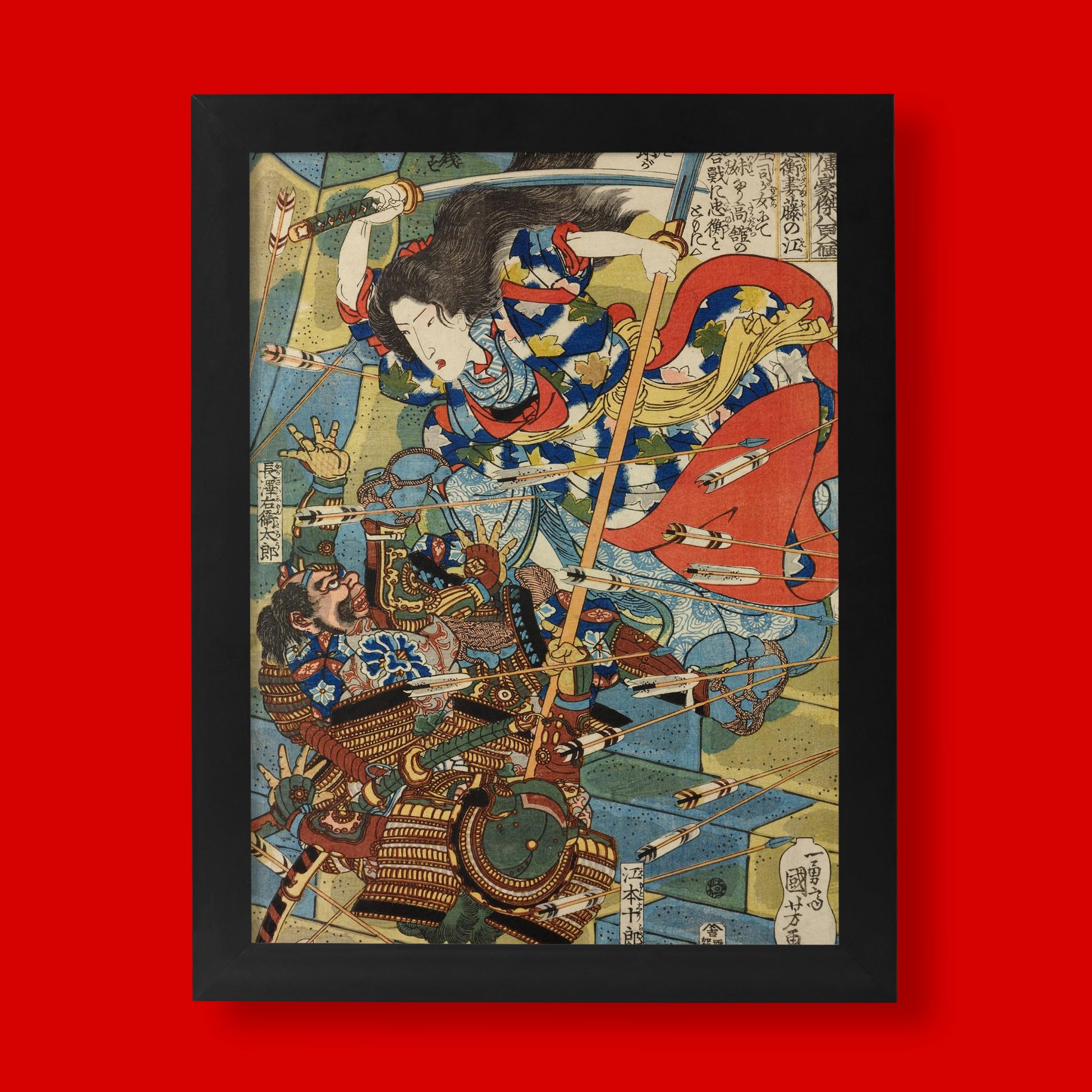 Utagawa Kuniyoshi Japanese woodblock print depicting Fujinoe, female warrior wielding sword and naginata whilst deflecting arrows in battle, circa 1830 ukiyo-e art print