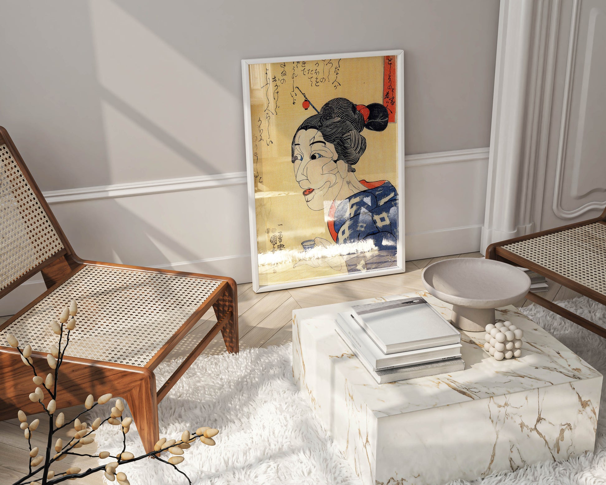 A framed Utagawa Kuniyoshi Japanese art print, "Even Though She Looks Old, She Is Really Young," hanging in a modern living room with neutral decor, showcasing the art print as stylish wall art.