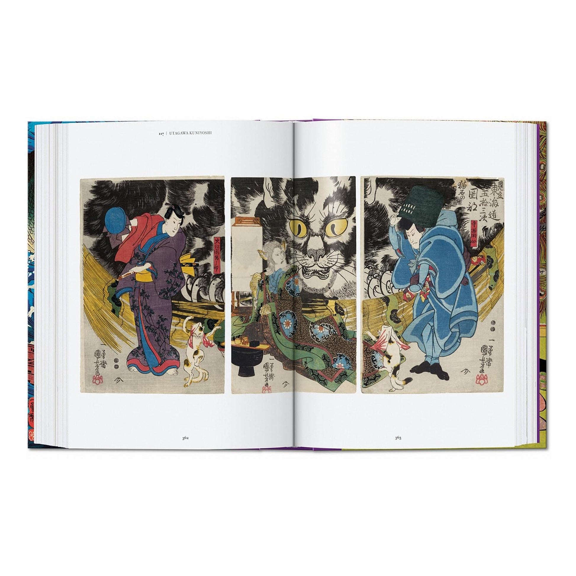 Utagawa Kuniyoshi triptych print featuring a large mythological cat.