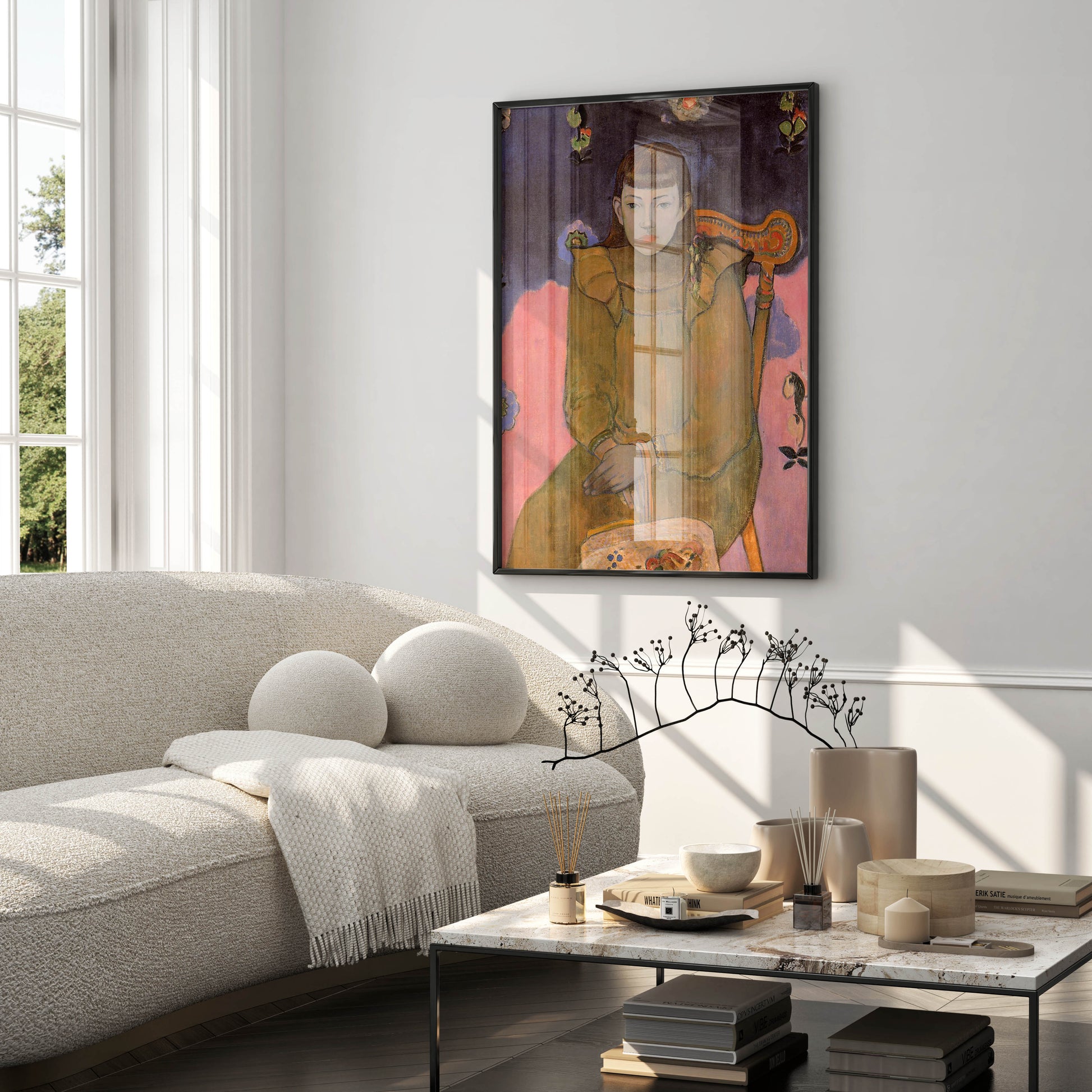 An exquisite, museum-quality framed Gauguin art print of the Vaite (Jeanne) Goupil portrait, perfectly integrated into a high-end, contemporary interior design for a sophisticated home decor look.