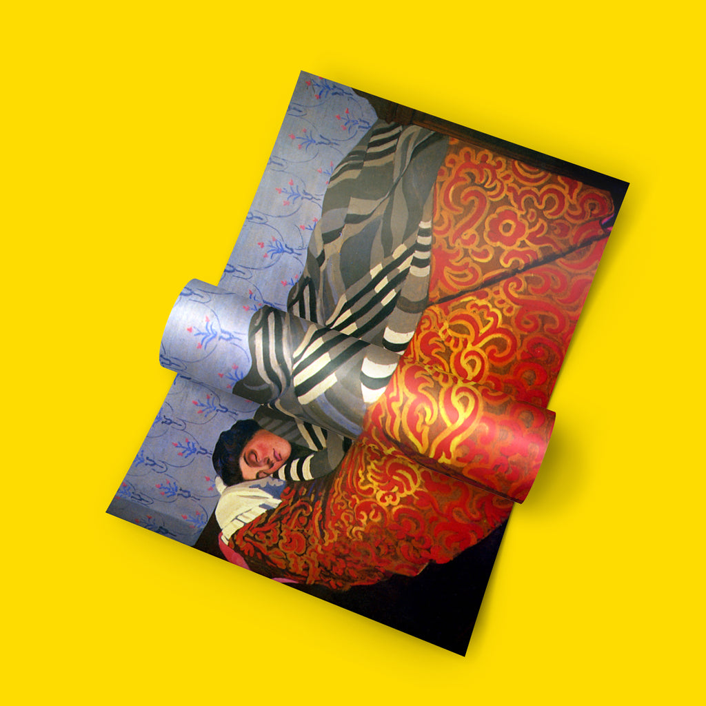 Giclée fine art print of Félix Vallotton's Sleeping Woman, showing rich colour depth across a striped blanket and patterned quilt.