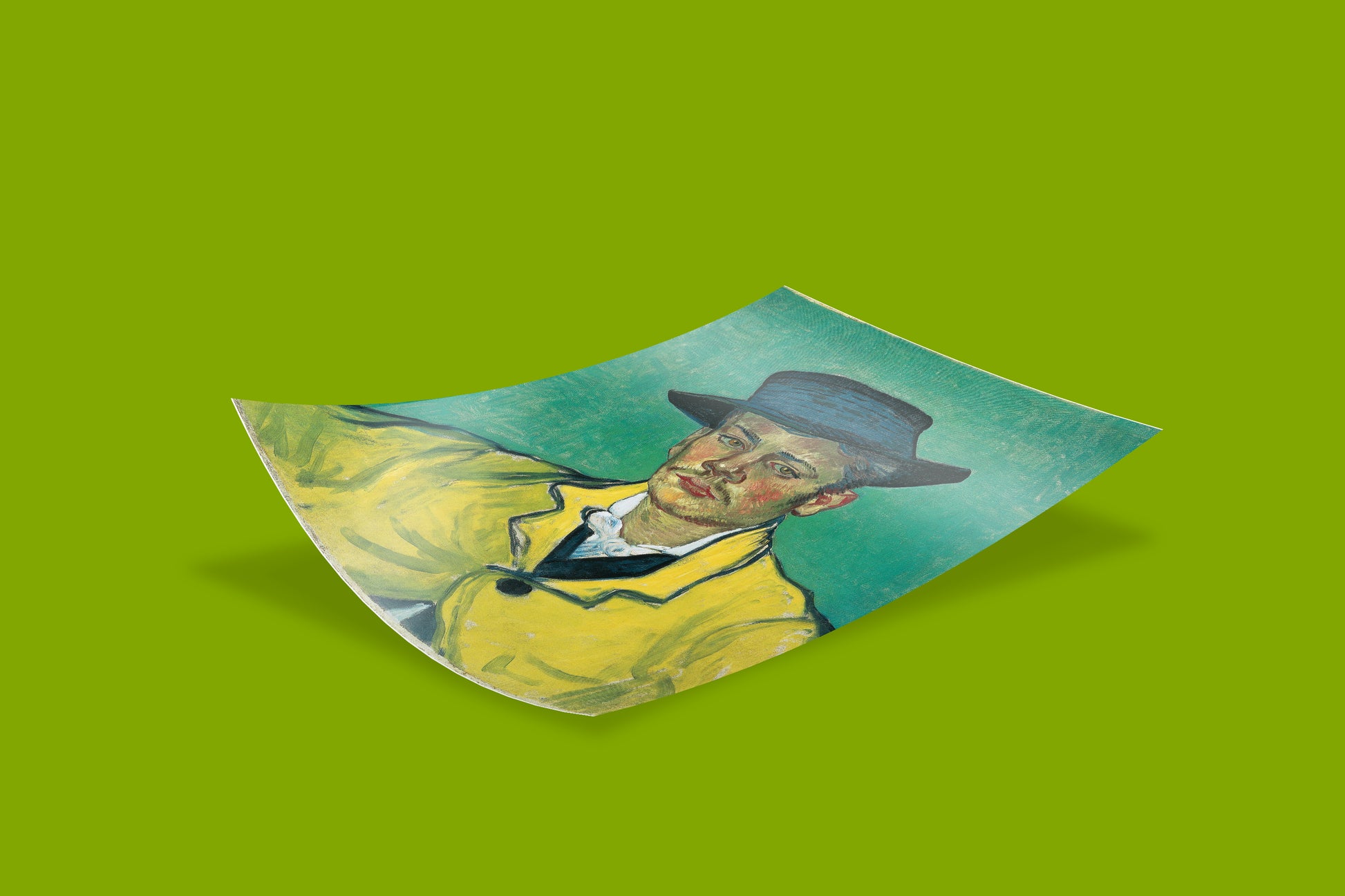 Vincent van Gogh's "Portrait of Armand Roulin" art print displayed with a subtle curve, highlighting the vibrant colours and distinctive style of the post-impressionist artwork, suitable for unique display.