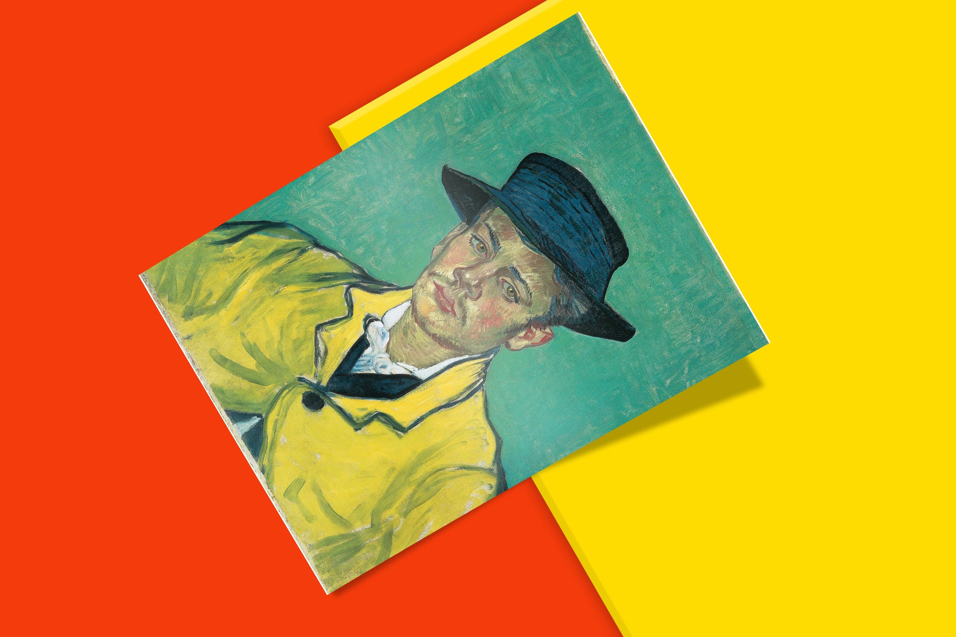Vincent van Gogh's "Portrait of Armand Roulin" art print, artfully offset on a colourful background, featuring the post-impressionist painting with its iconic yellow jacket and blue hat, perfect for home decor.
