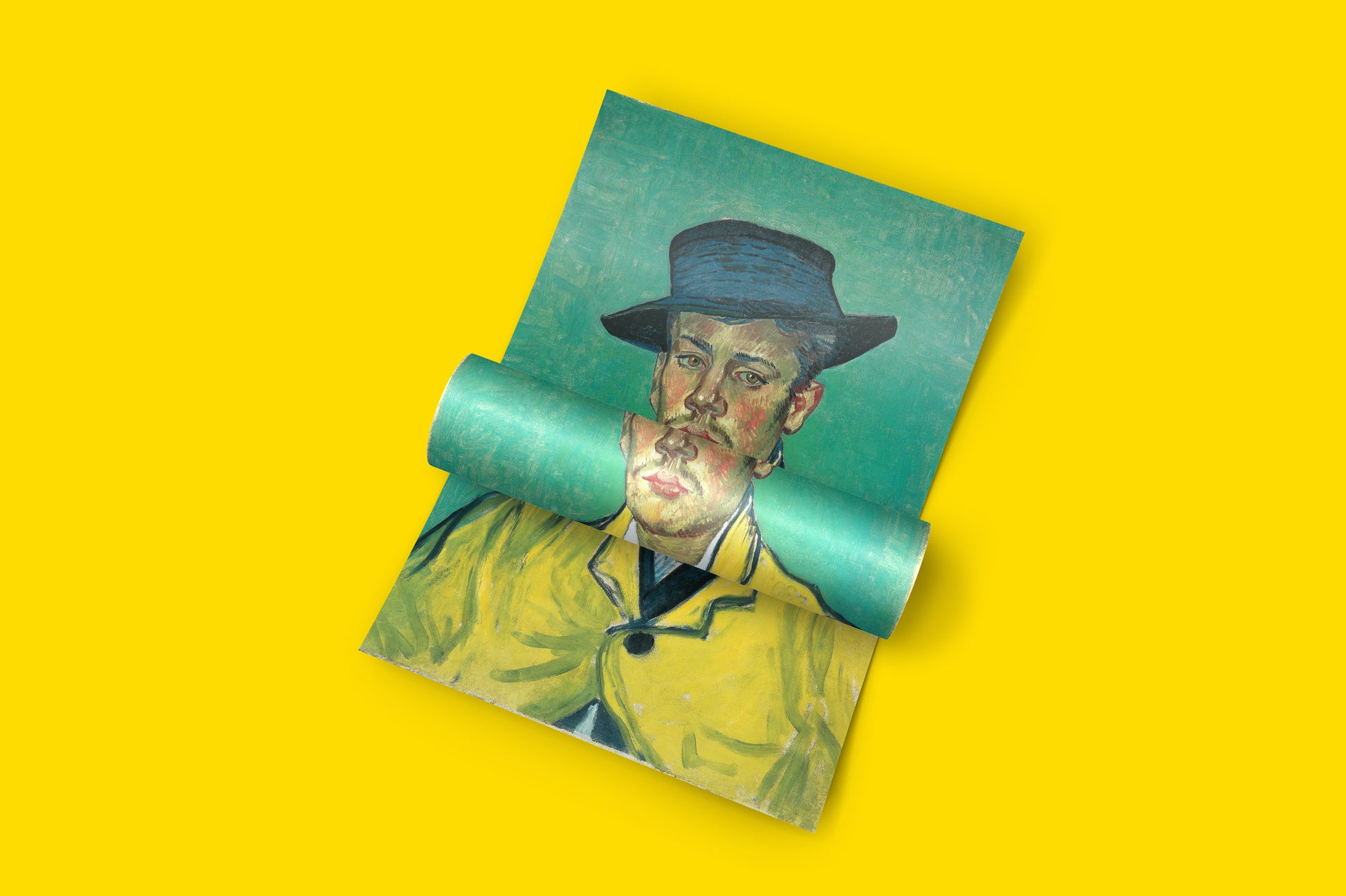 Vincent van Gogh's "Portrait of Armand Roulin" art print partially rolled, depicting the famous post-impressionist artwork, ideal for framing or collecting.