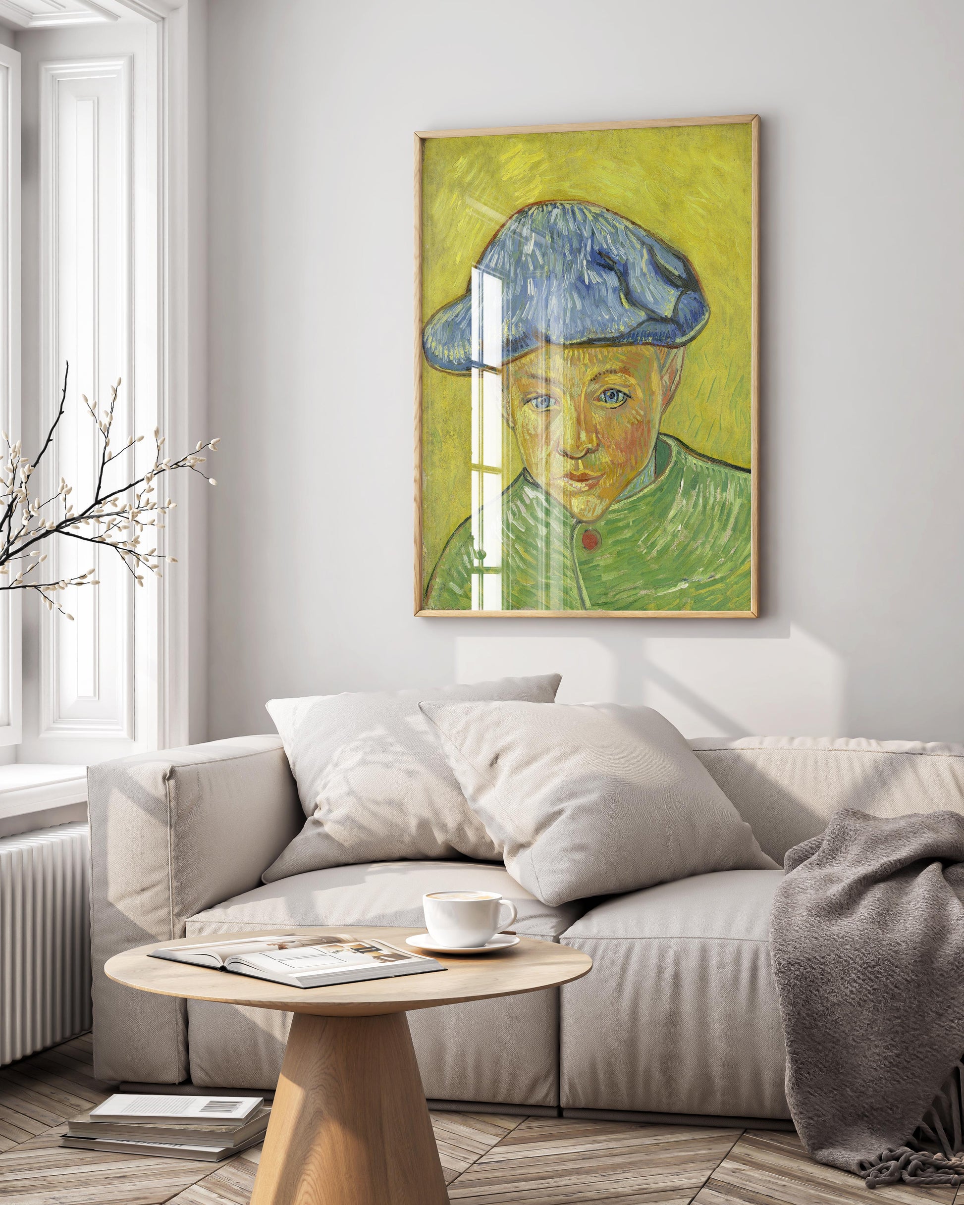 Vincent van Gogh Camille Roulin framed wall art in modern home interior, featuring boy in blue cap against yellow background in elegant picture frame for sophisticated room decor