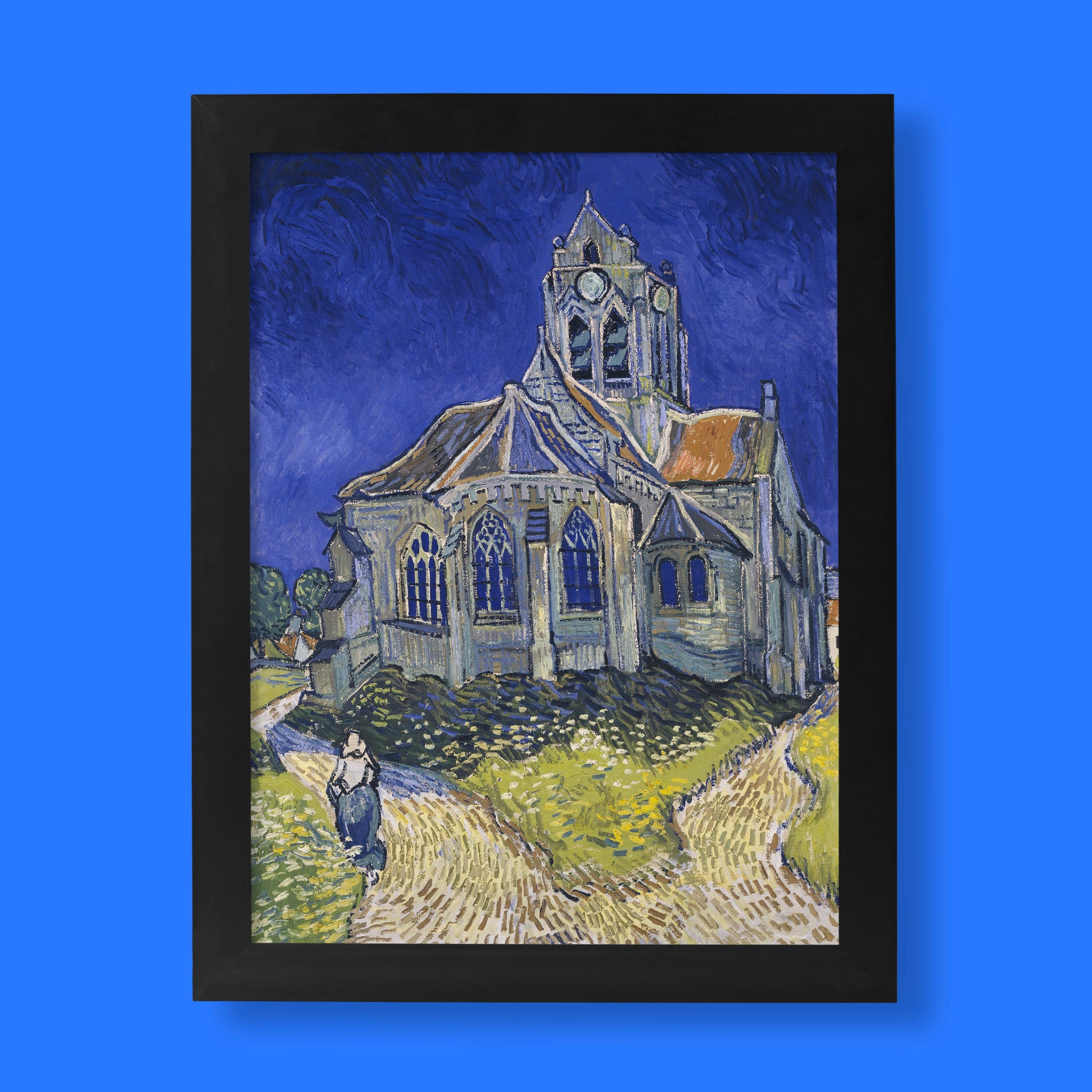 Vincent van Gogh's The Church at Auvers oil painting from 1890 showing Gothic church with dramatic swirling blue sky and post-impressionist brushwork