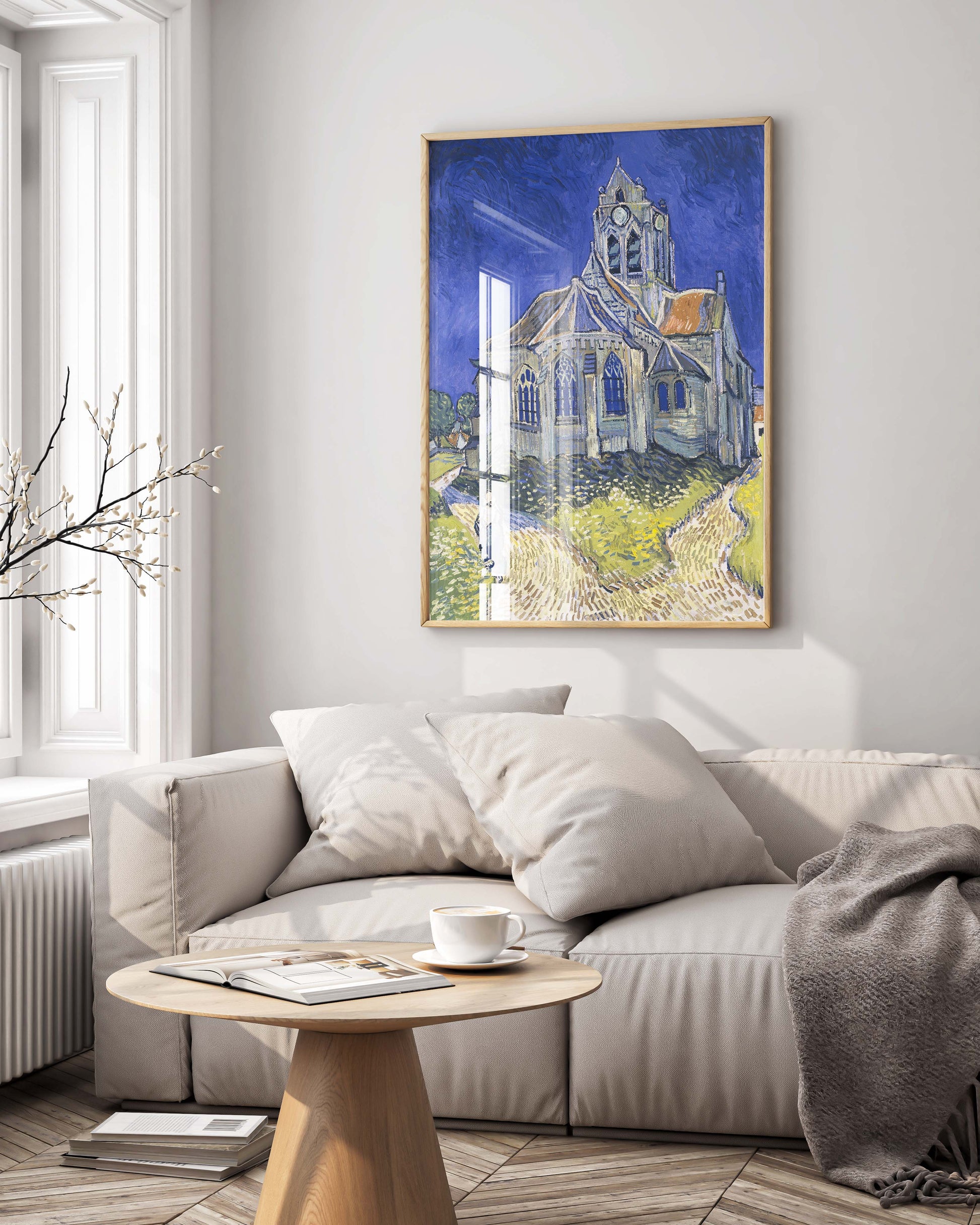 Framed print of Vincent van Gogh's The Church at Auvers wall art featuring Gothic church with swirling blue sky, perfect for home decor and art collectors