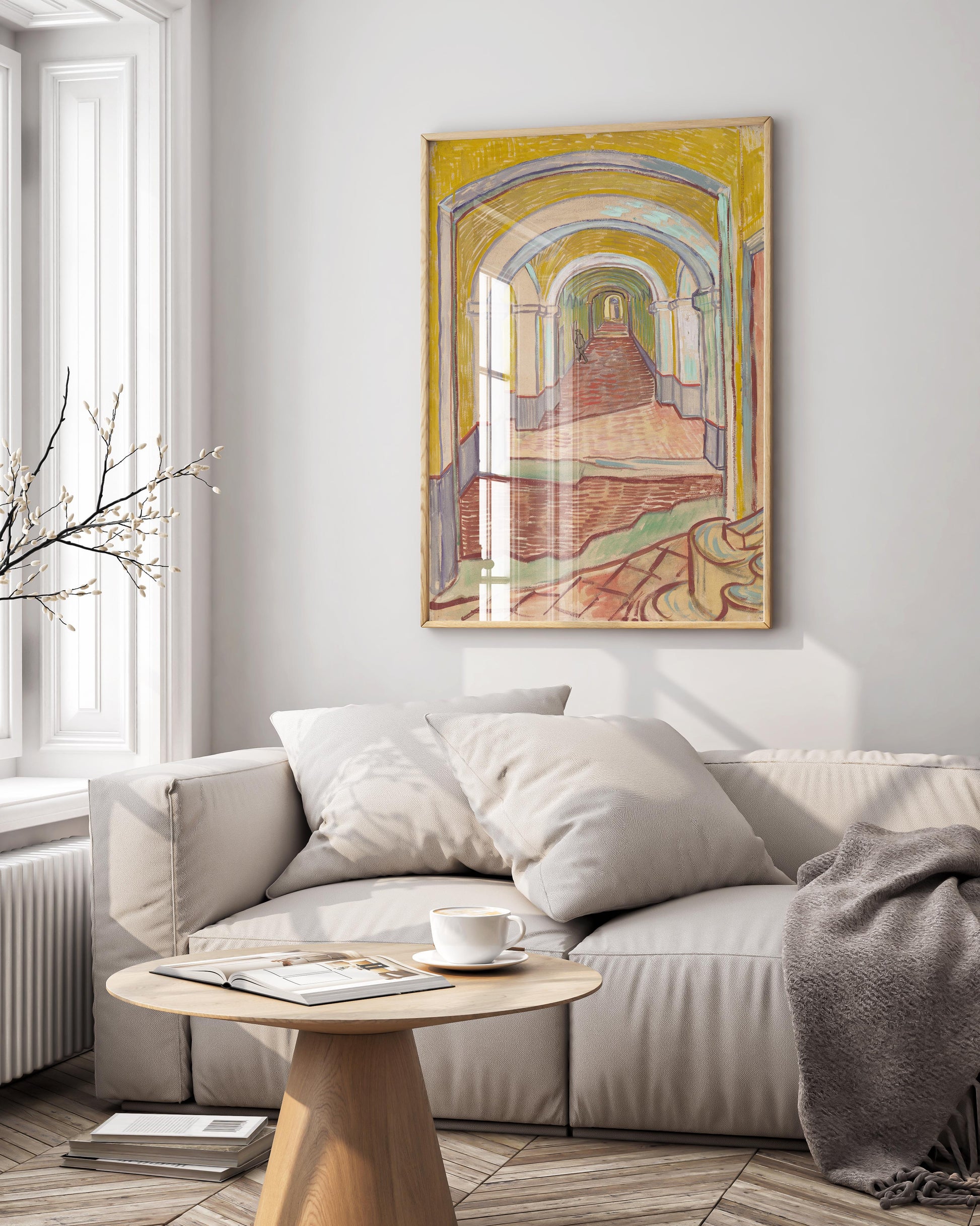 Framed Vincent van Gogh Corridor in the Asylum fine art reproduction hanging in contemporary interior setting, featuring 1889 Saint-Rémy monastery masterpiece in stylish frame for sophisticated wall décor