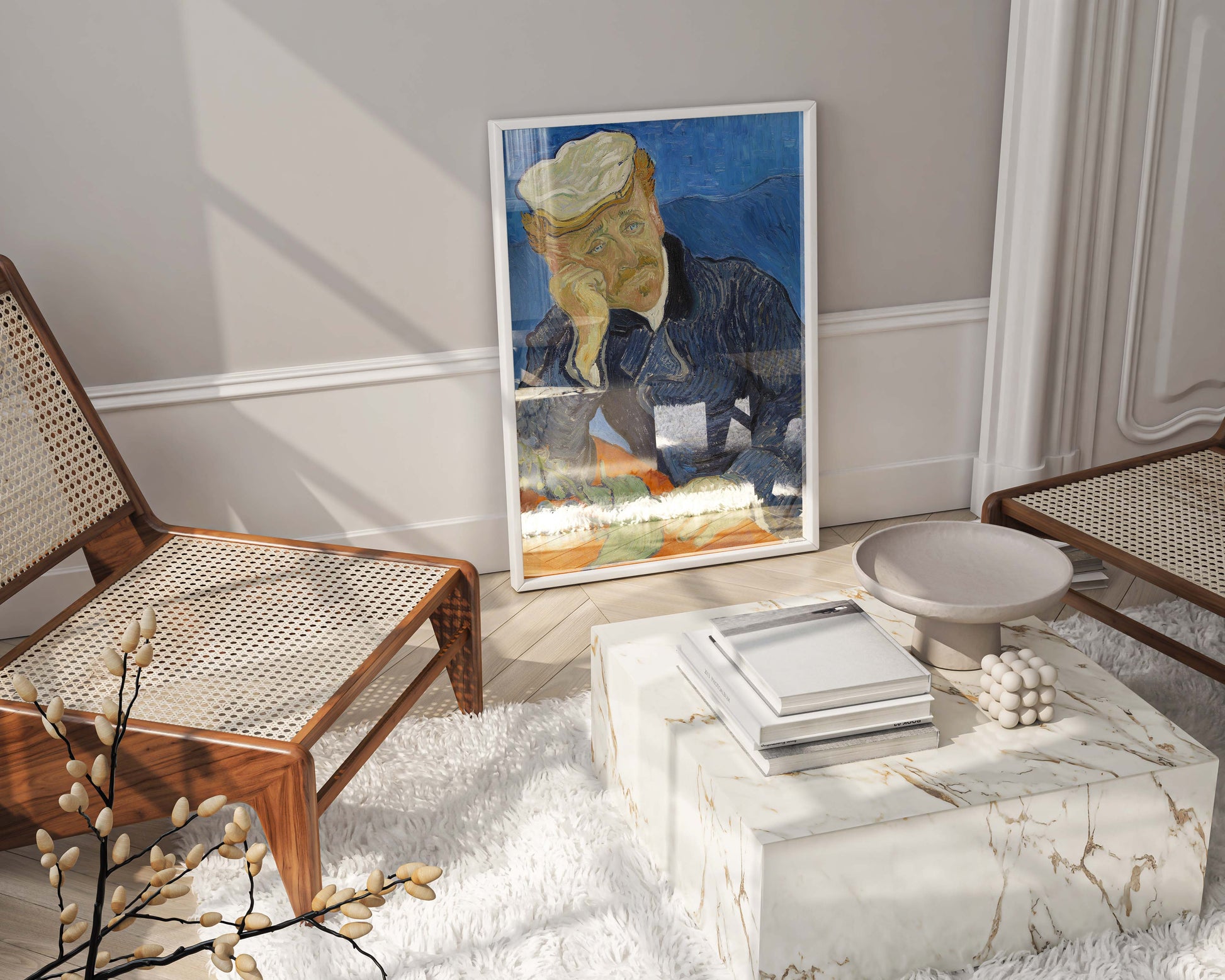 Framed giclee art print of Vincent van Gogh's "Dr. Paul Gachet" prominently displayed in a high-end living room, showcasing luxury wall art.