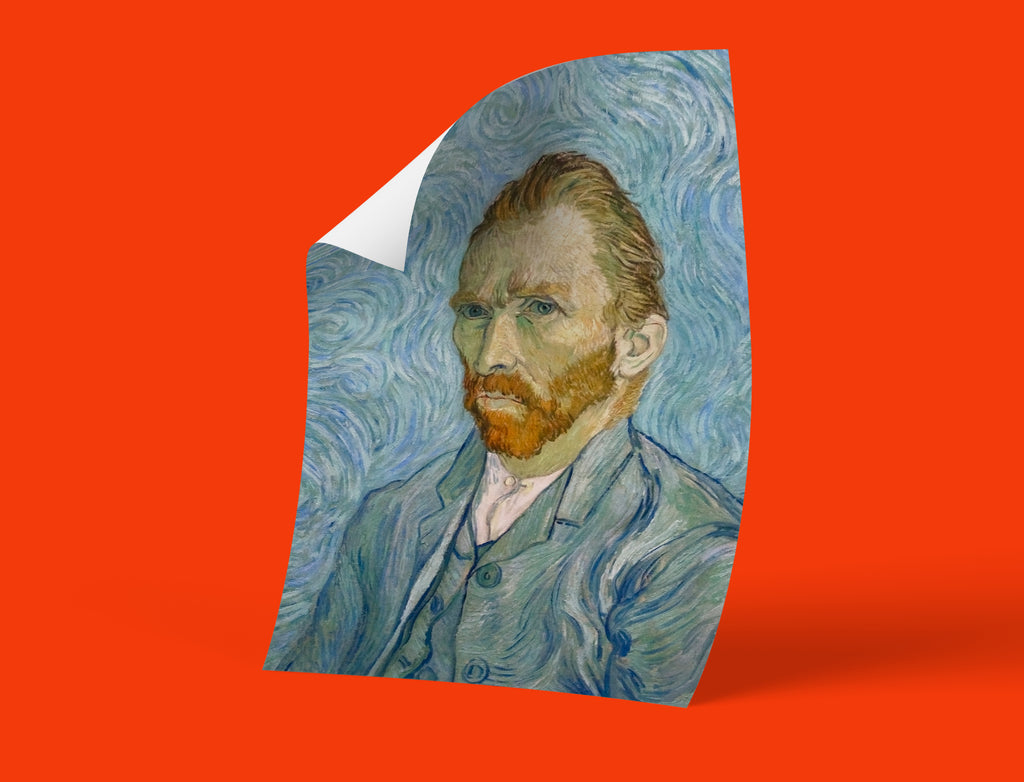Classic van Gogh self-portrait painting art print from Saint-Rémy period showing iconic swirling brushwork and psychological depth, high-quality wall art for modern home decoration