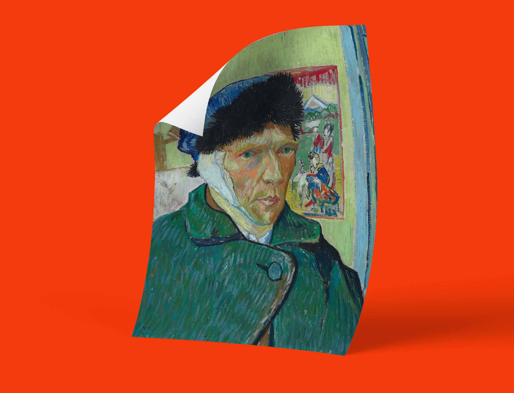 Close-up of Van Gogh’s iconic self-portrait art print showing vivid brushstrokes and texture