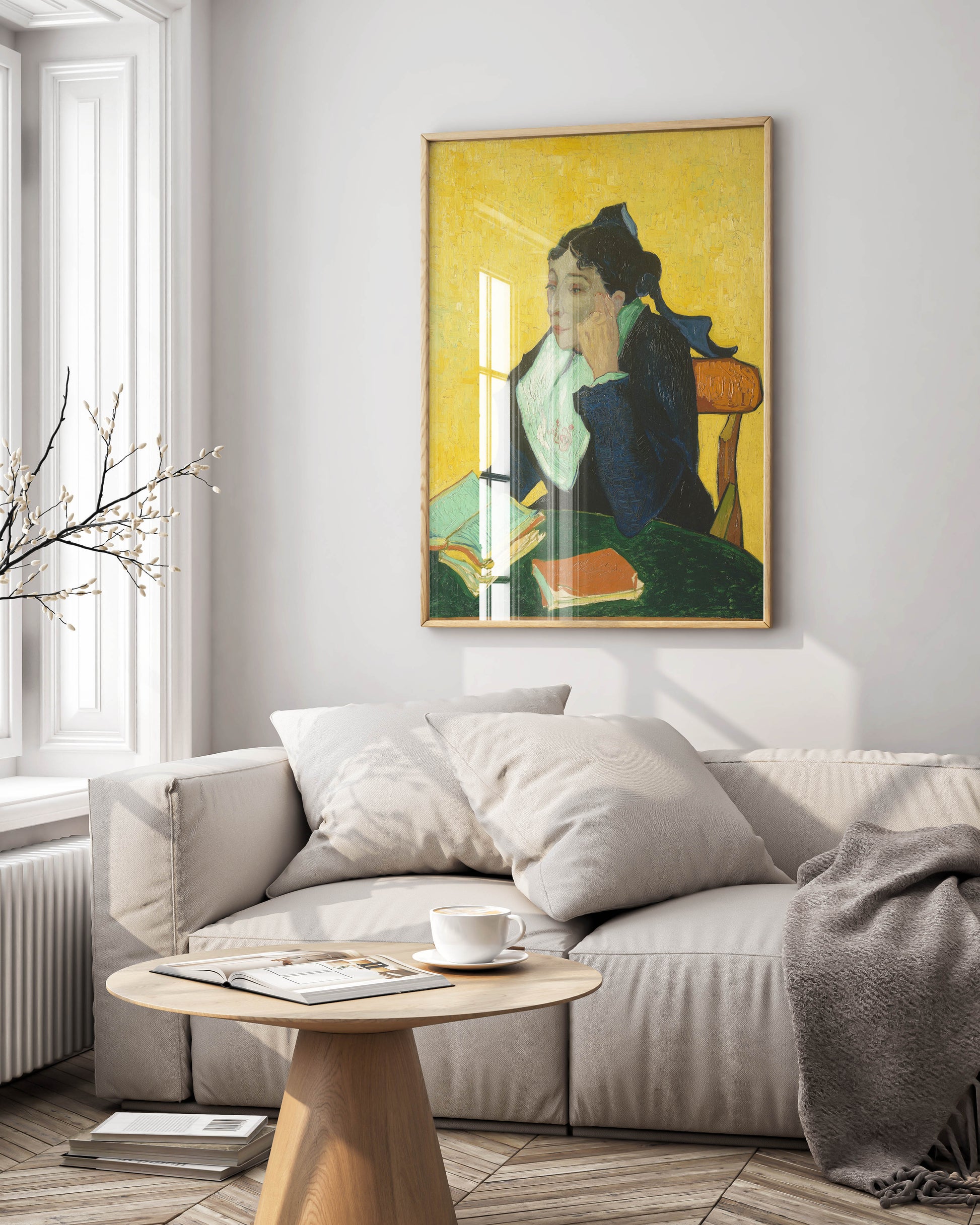 Van Gogh L'Arlésienne Madame Ginoux framed art print displayed on living room wall, showing iconic Arles portrait in elegant frame, premium wall art for modern home décor