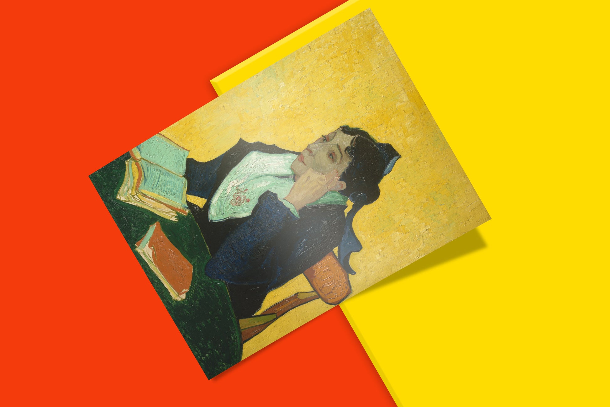 Museum-grade Vincent van Gogh L'Arlésienne Madame Ginoux art reproduction print featuring yellow background and traditional costume, classic fine art wall décor for collectors