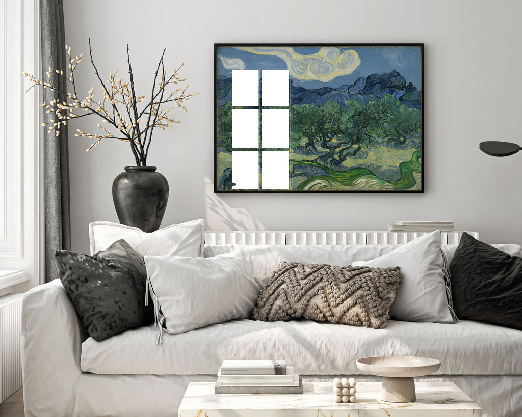 Van Gogh Olive Trees framed wall art print displayed in modern living room interior, museum quality fine art poster in elegant frame for home decor inspiration