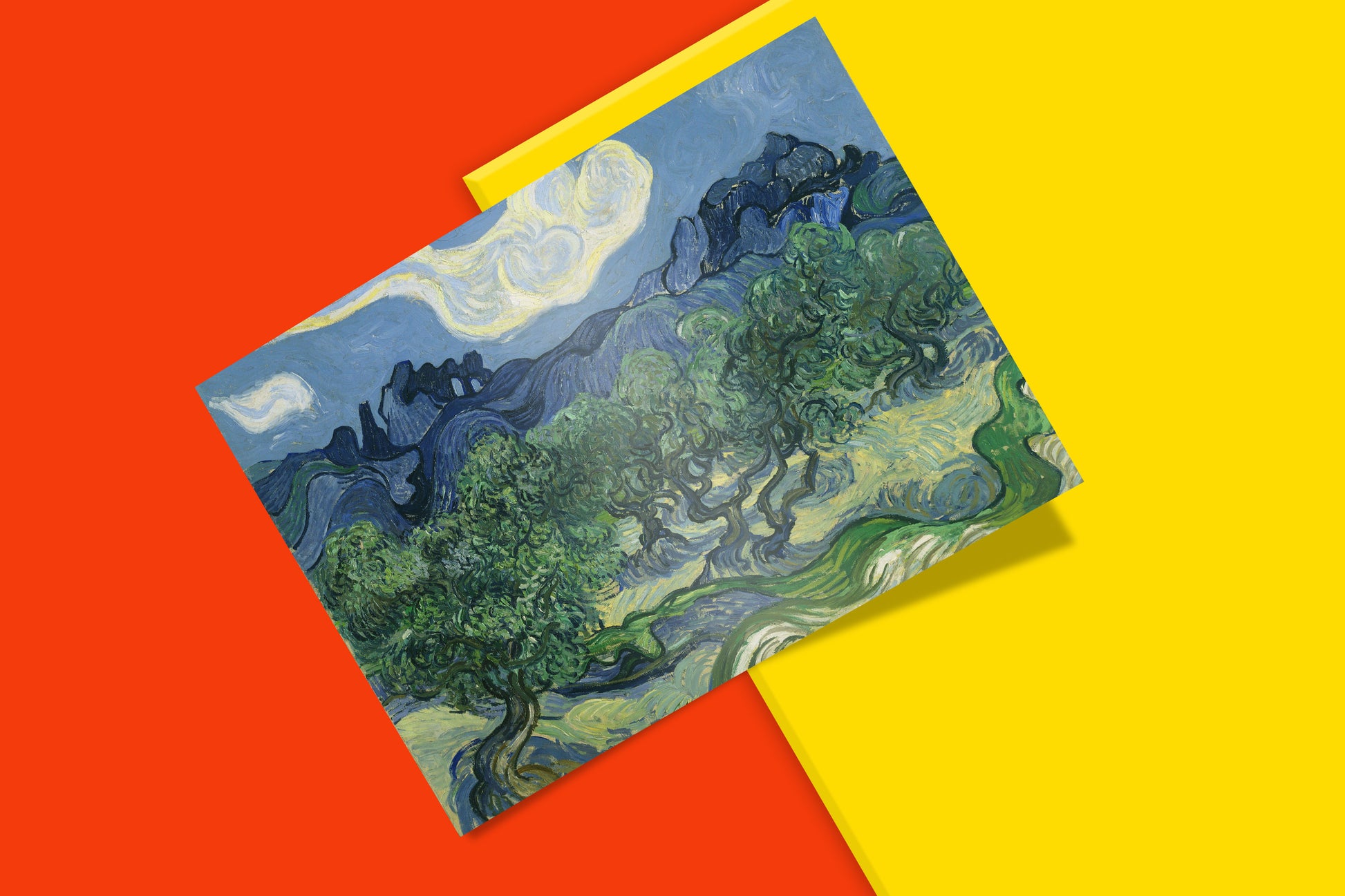 Van Gogh Olive Trees 1889 premium art print showing post-impressionist landscape with twisted olive trees, perfect fine art poster for home decor