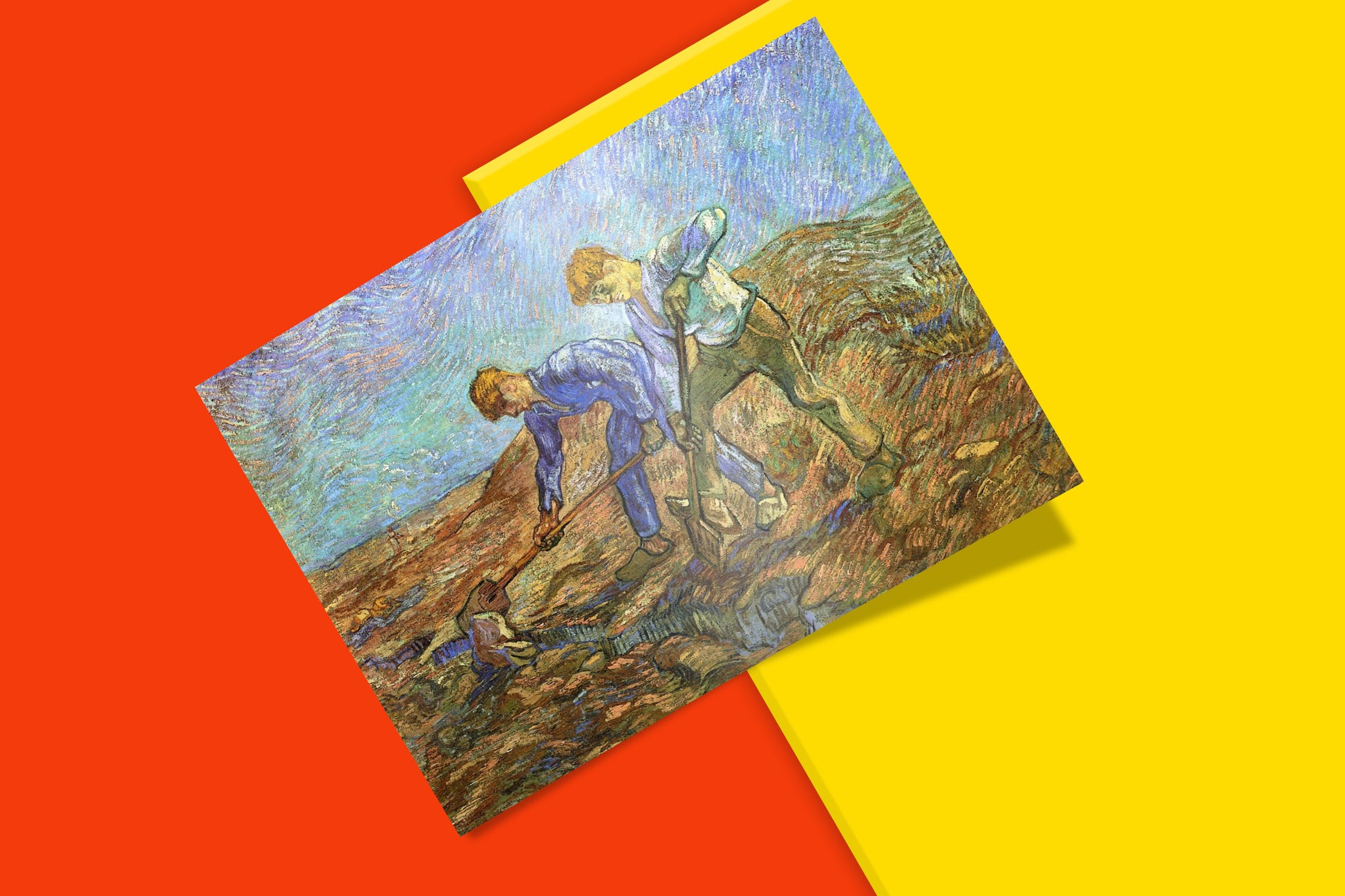Van Gogh peasants digging art print 1889 Saint-Rémy period wall art featuring vibrant blue and ochre tones, perfect for modern home décor and gallery walls