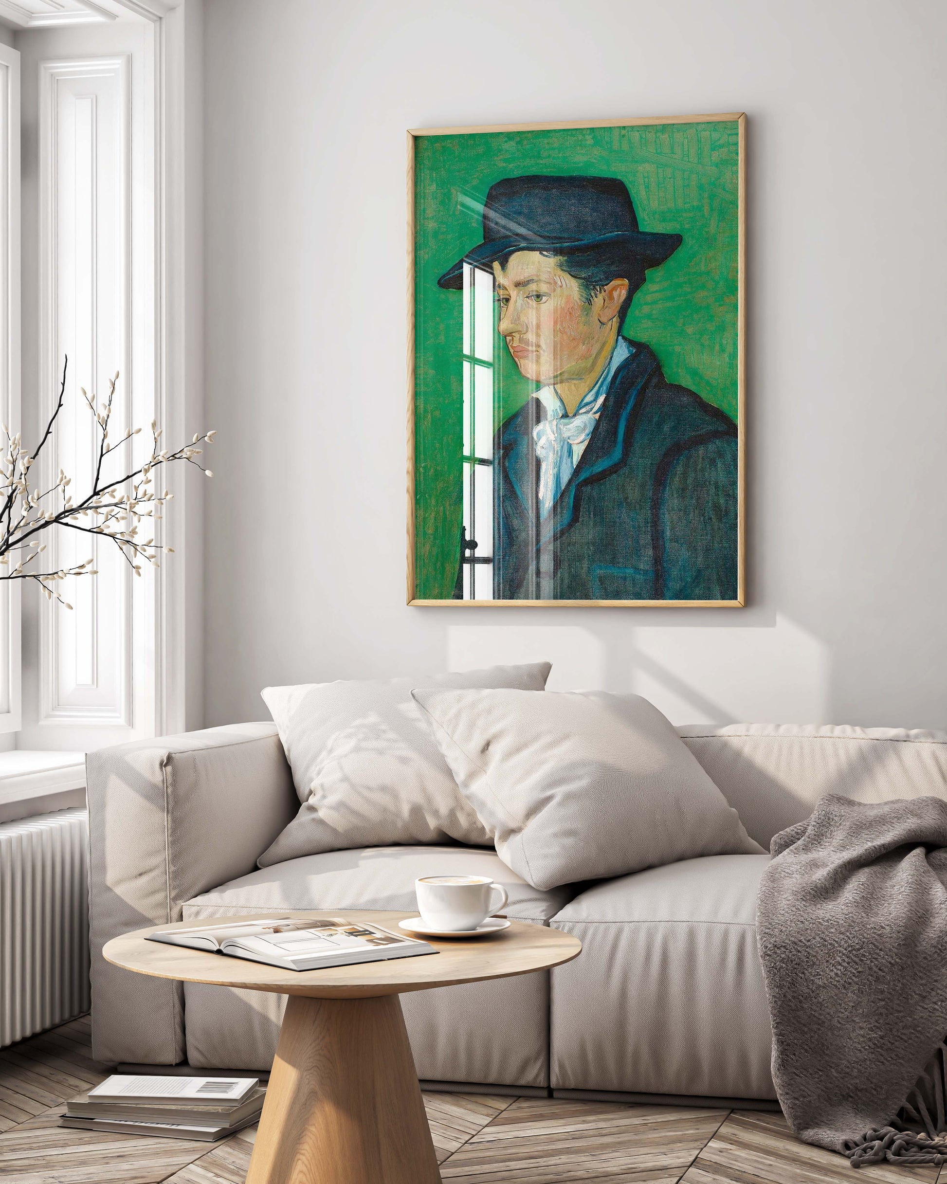 Van Gogh Portrait of Armand Roulin framed art print displayed on living room wall, showing young man in dark hat against vibrant green background in elegant frame, premium wall art for modern home décor