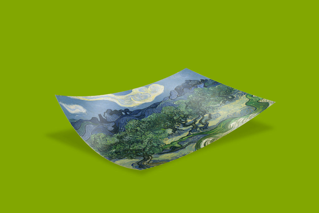 Vincent van Gogh famous Olive Trees painting print featuring expressionist brushwork and Mediterranean landscape, high-resolution fine art poster