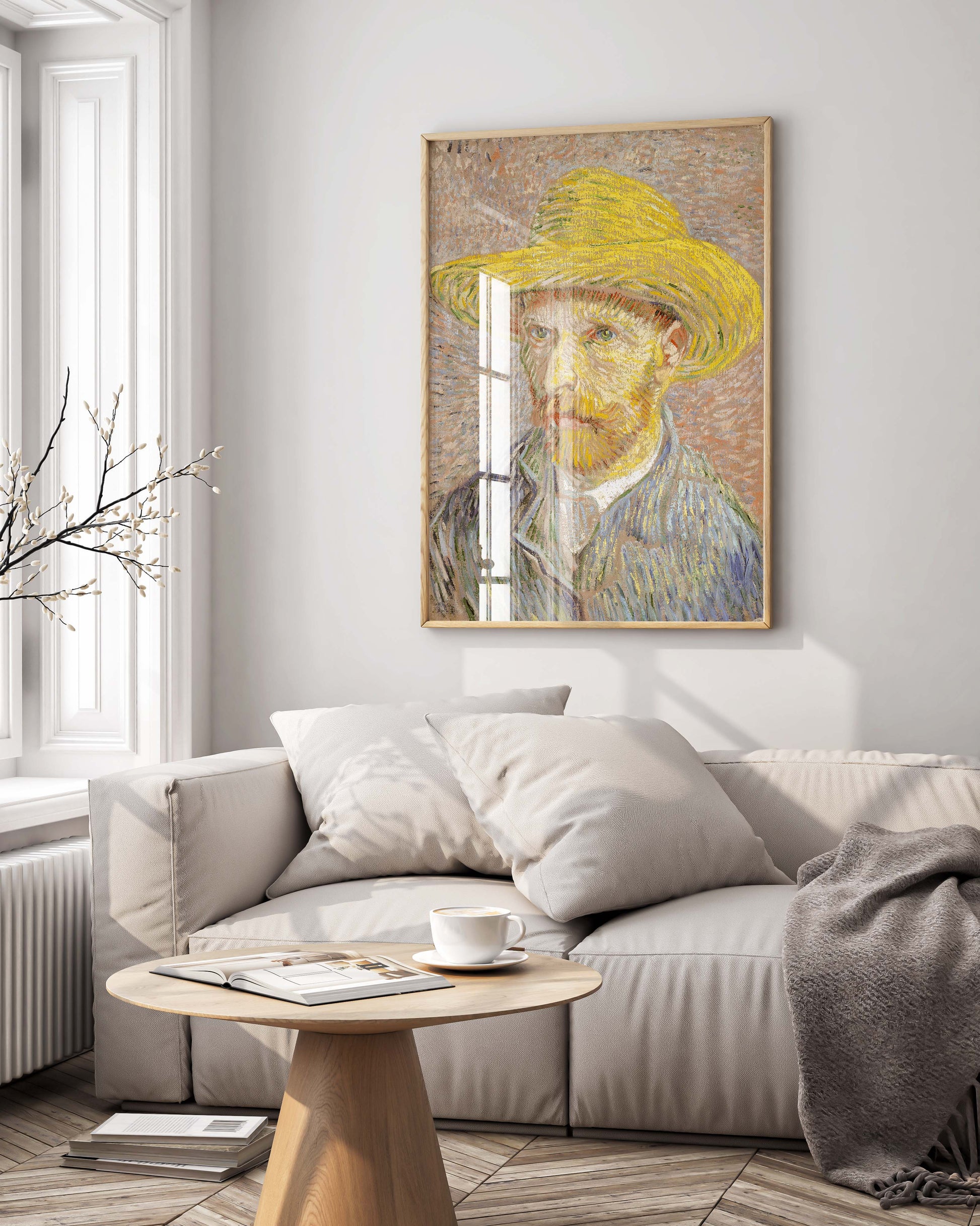 Van Gogh Self-Portrait with a Straw Hat framed art print displayed on living room wall, showing iconic yellow straw hat portrait in elegant frame, premium wall art for modern home décor
