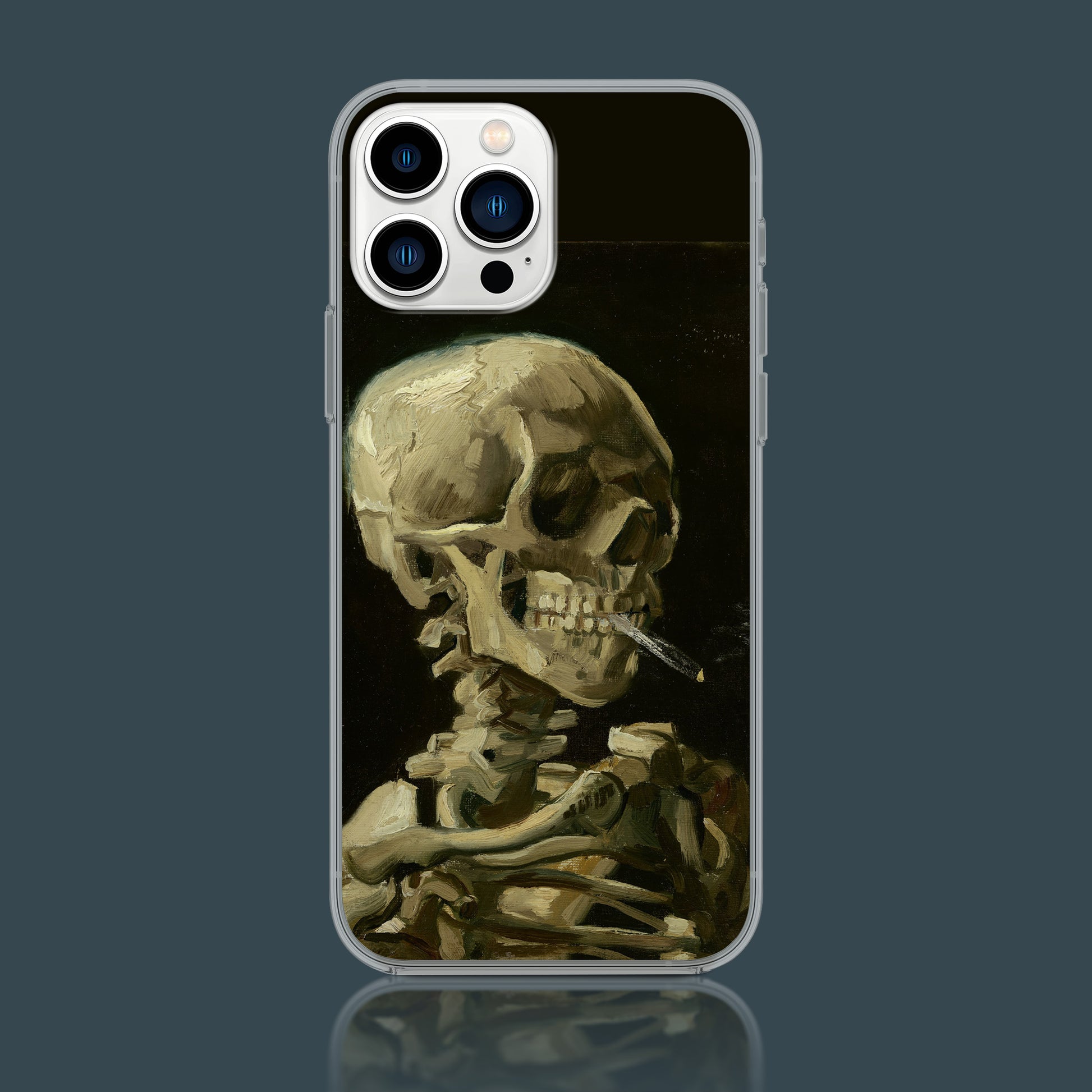 Vincent Van Gogh's "Head of a Skeleton with a Burning Cigarette" phone case, a unique fine art gift for art lovers and collectors, showcasing the iconic macabre masterpiece.