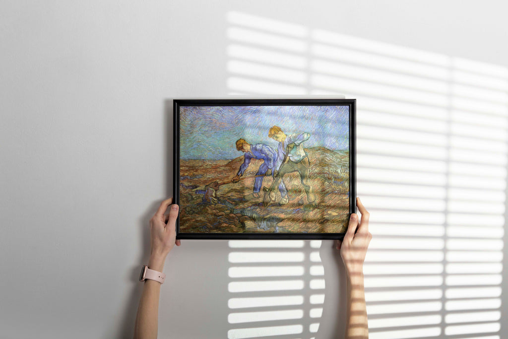 Van Gogh Two Peasants Digging framed fine art poster hanging in stylish interior, premium wall art with matte finish showing 1889 peasant painting, ideal for bedroom or office gallery wall display