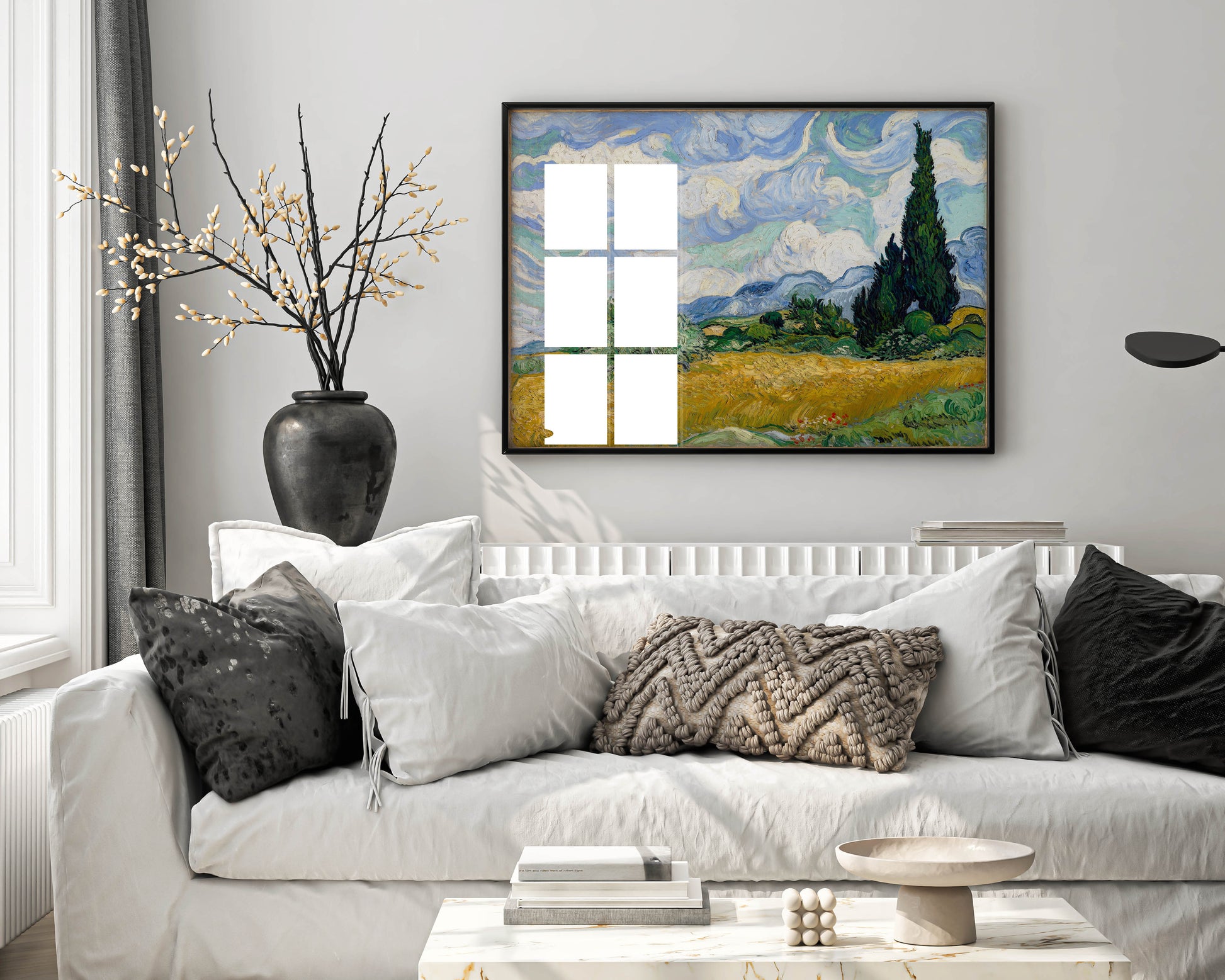 Framed Vincent van Gogh Wheat Field with Cypresses fine art reproduction hanging in contemporary interior setting, featuring Post-Impressionist landscape with cypress trees in stylish frame for wall décor