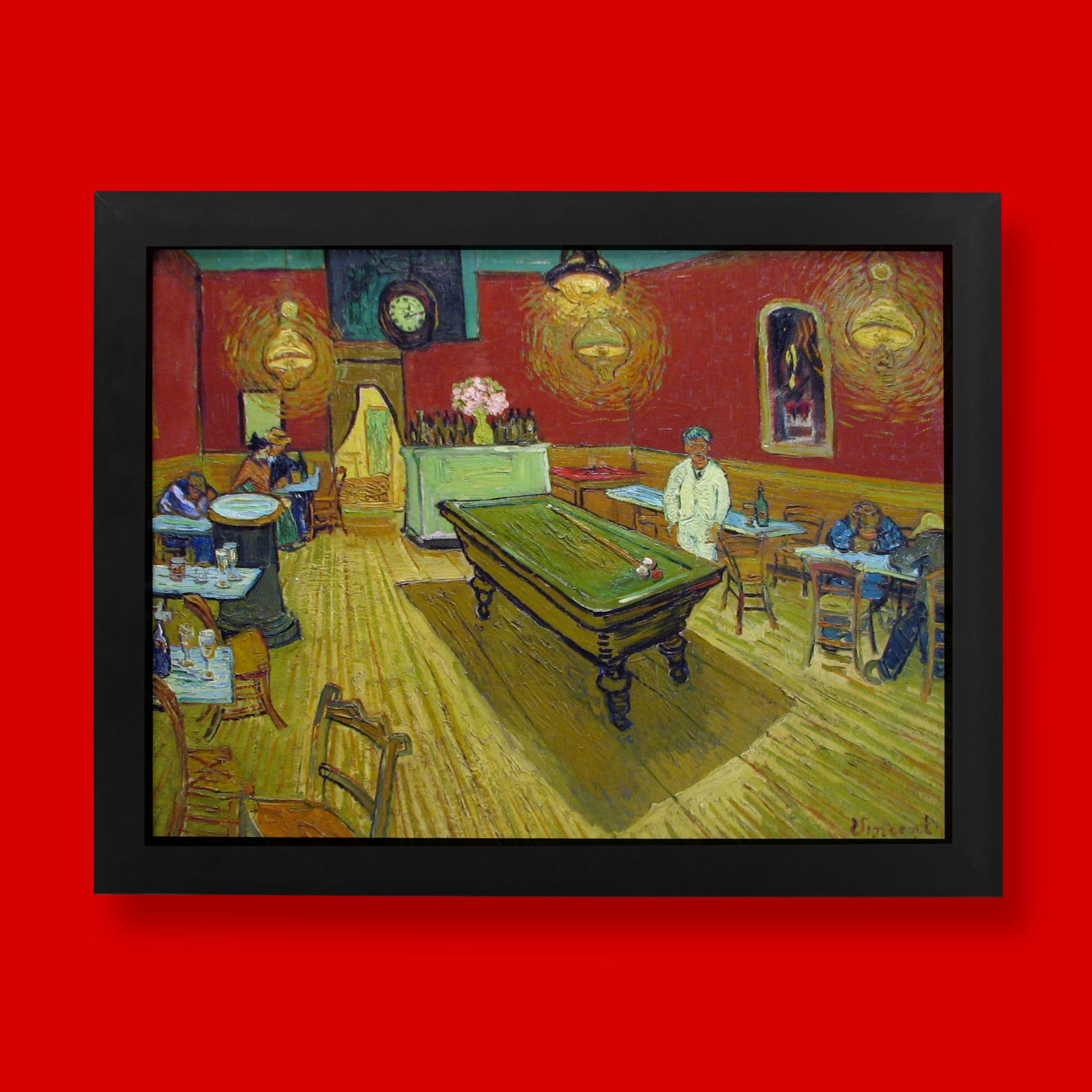 A high-quality giclée art print of Vincent van Gogh's "The Night Café" painting, showing the dramatic red and green interior of a late-night cafe.