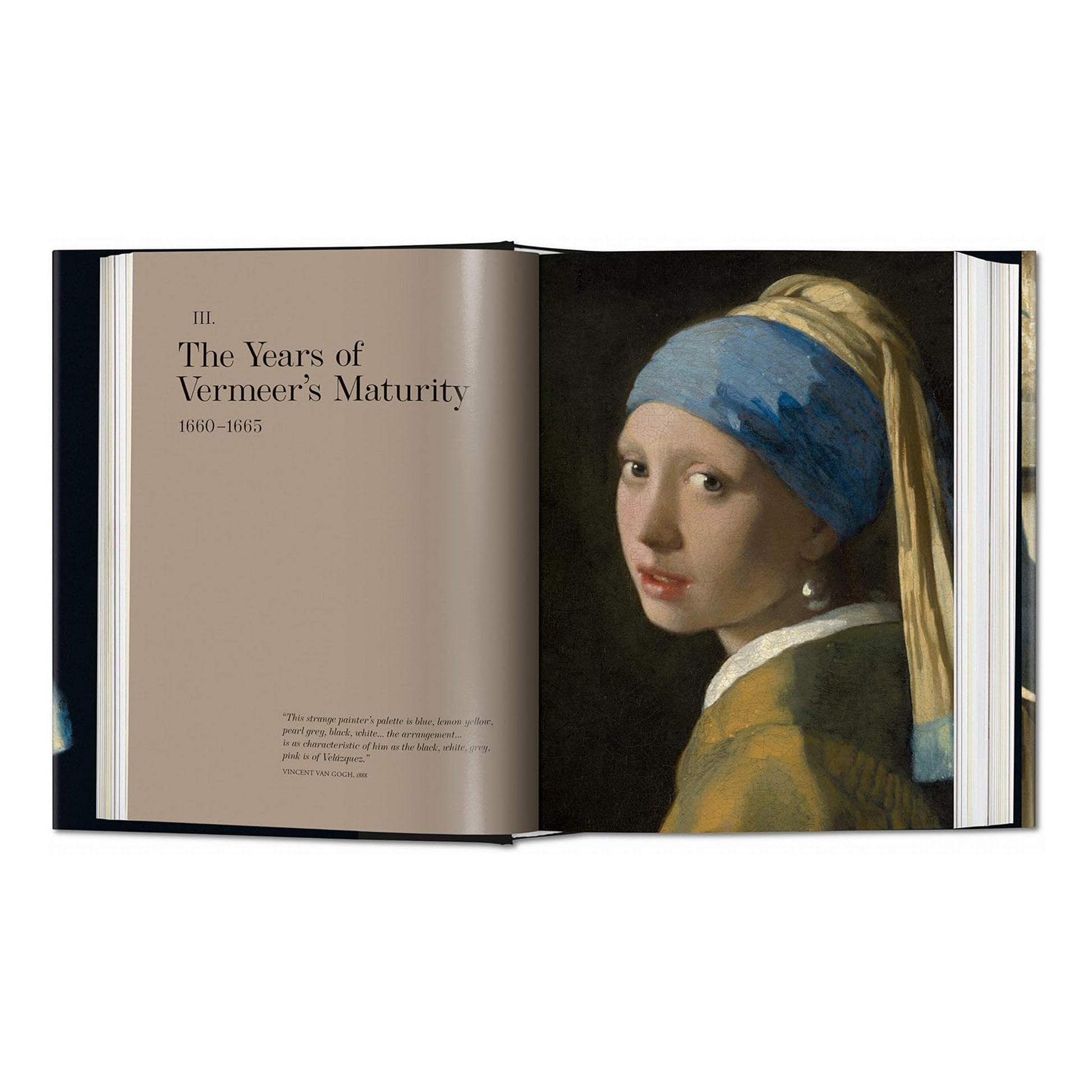 An open book spread of the TASCHEN 'Vermeer' monograph, with the iconic painting 'Girl with a Pearl Earring' on the right-hand page and the chapter title on the left.