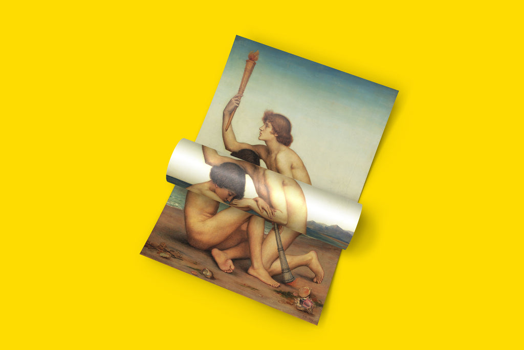 Victorian mythology wall art by female artist Evelyn de Morgan, Phosphorus and Hesperus 1881, allegorical painting of dawn and dusk with classical sculptural figures and seashells on shoreline