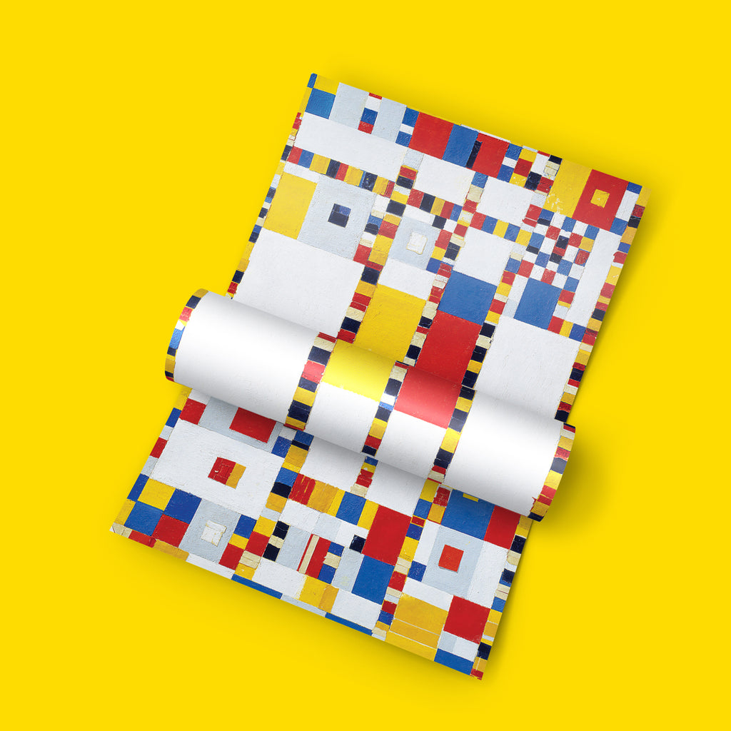 Premium Mondrian Boogie Woogie art print displayed as statement wall art in a contemporary living room interior, available in multiple sizes