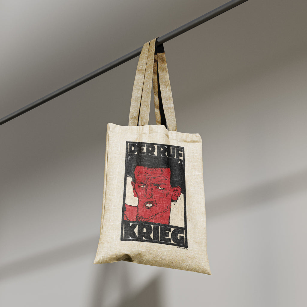 A sustainable cotton art tote bag featuring a high-resolution print of Egon Schiele's Der Ruf Krieg cover, designed as a meaningful fine art gift for eco-conscious collectors and gallery-goers in the UK.