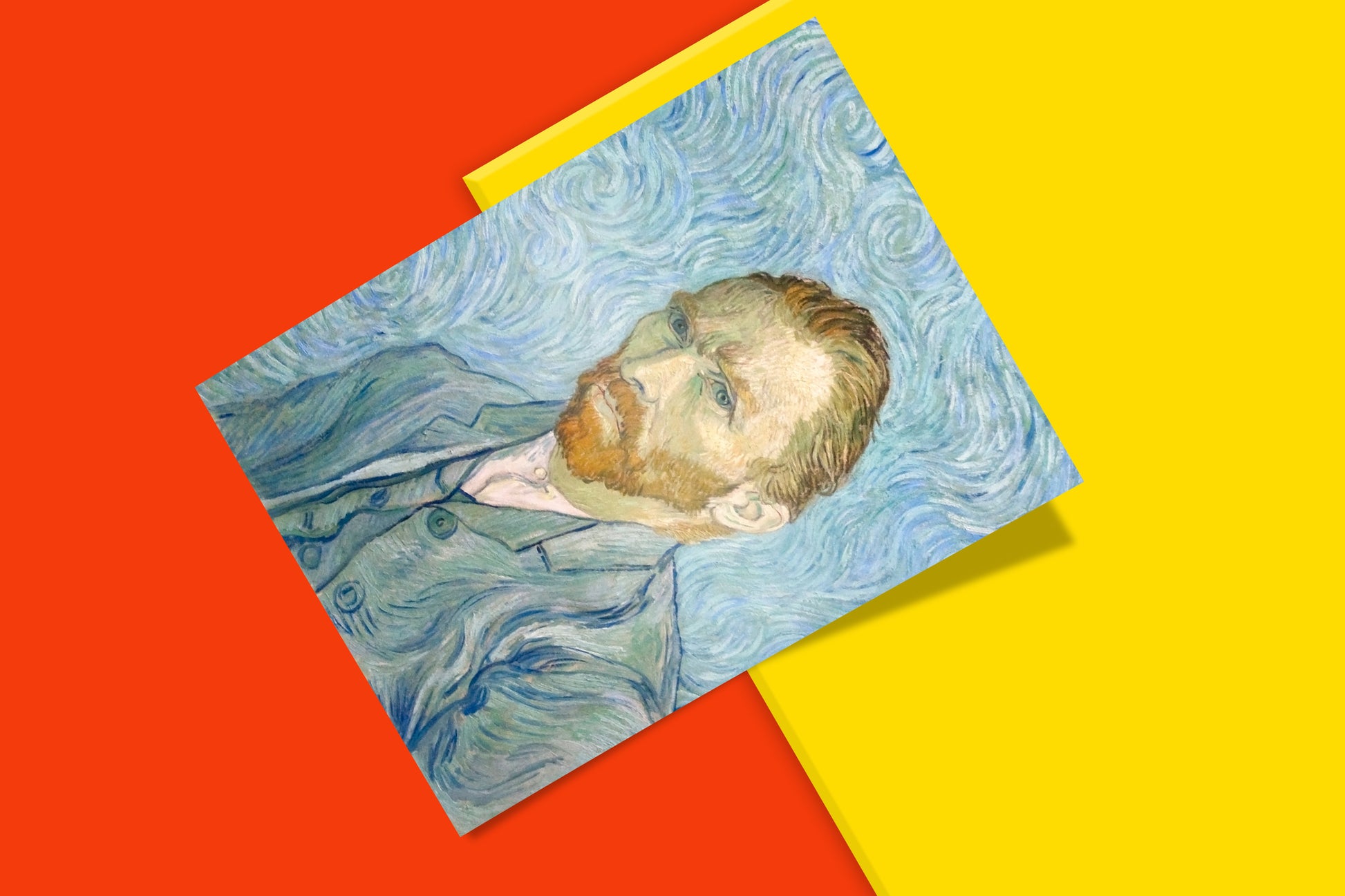 Museum quality Vincent van Gogh self-portrait art print from 1889 featuring hypnotic blue arabesques background, authentic fine art wall decor for art lovers and collectors