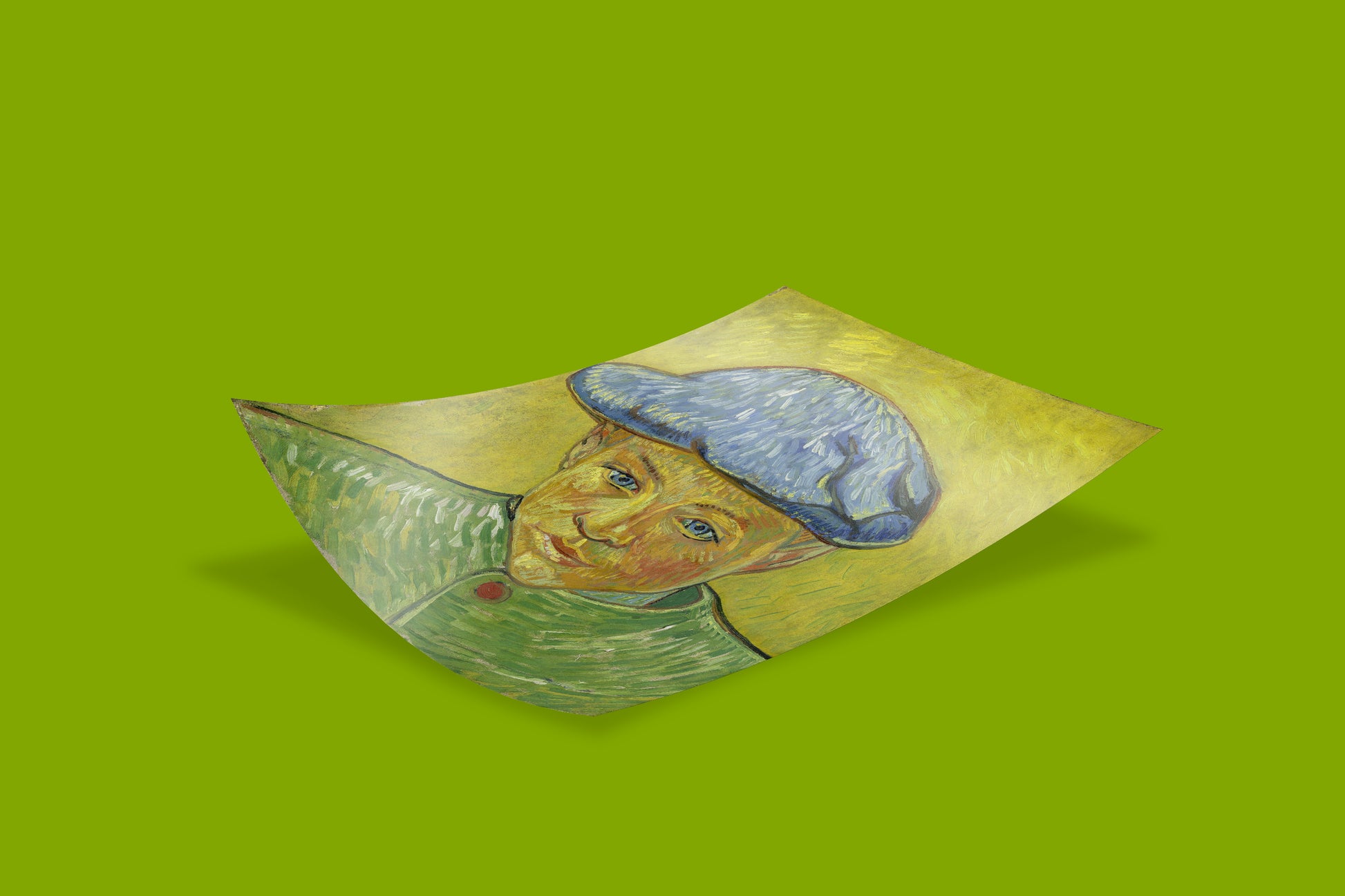 Vincent van Gogh original artwork reproduction - Portrait of Camille Roulin wall art print with blue cap yellow background, premium quality art poster