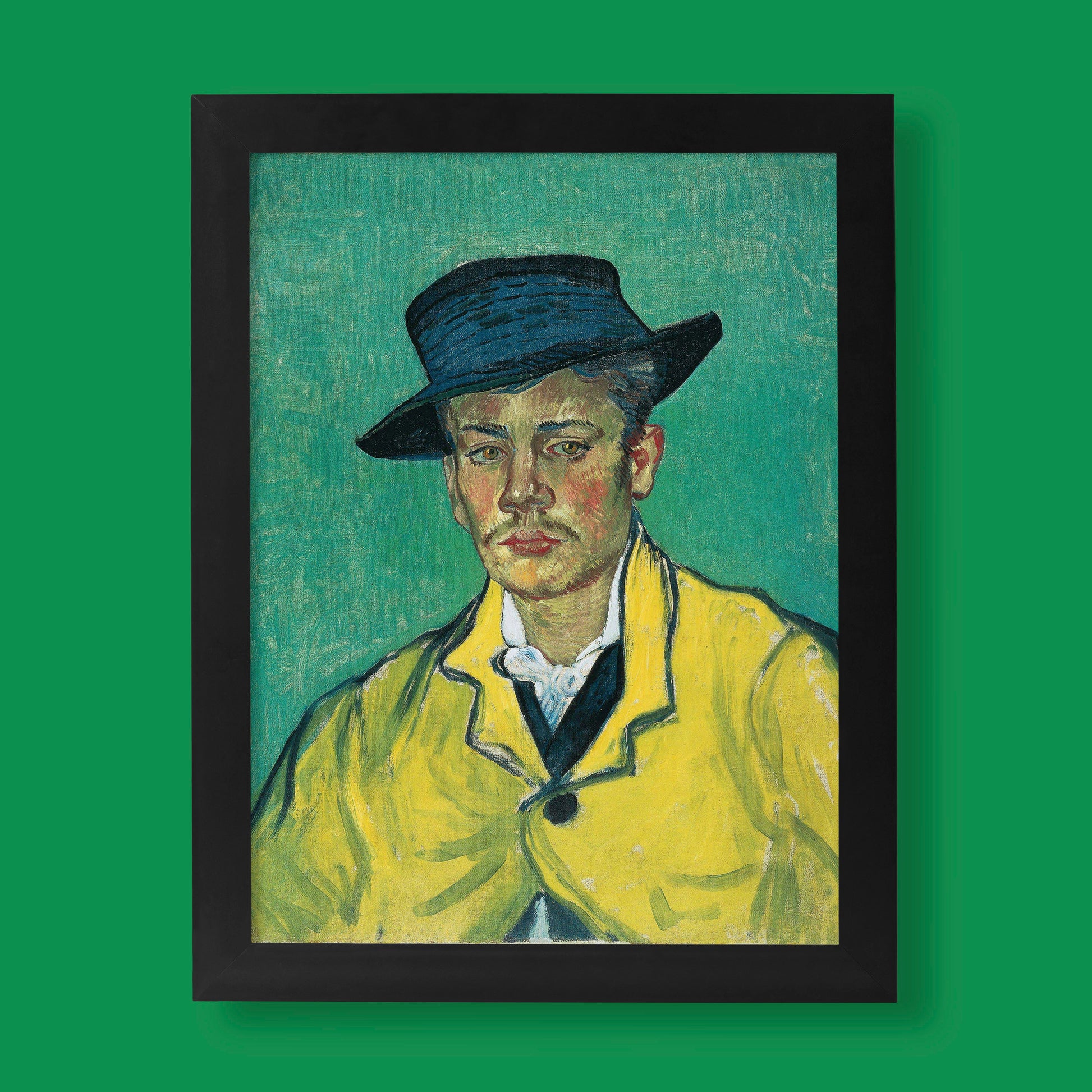 Vincent van Gogh's "Portrait of Armand Roulin" art print, a famous post-impressionist painting featuring a young man in a yellow jacket and blue hat against a green background, ideal for fine art collectors.